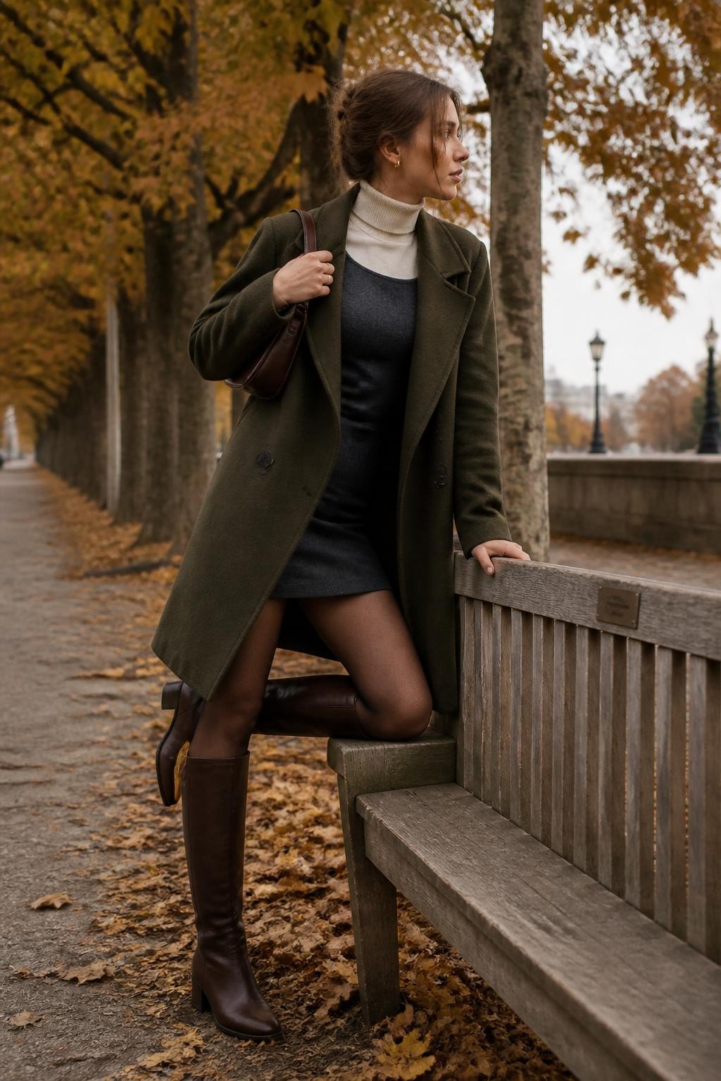 Image Prompt: A realistic full-body DSLR portrait of a young white woman using a wooden park bench in an unconventional pose. She wears a charcoal mini dress layered over a fitted cream turtleneck, an oversized olive coat, sheer tights, and tall brown boots. One knee rests gently on the end of the bench while her other foot stays firmly on the ground. She leans forward slightly with one hand on the bench back and the other adjusting the strap of a small shoulder bag. Her face turns sideways toward a row of amber trees. Fallen leaves gather below the bench, soft overcast light, realistic body proportions, visible wool and wood textures, refined fashion editorial composition.