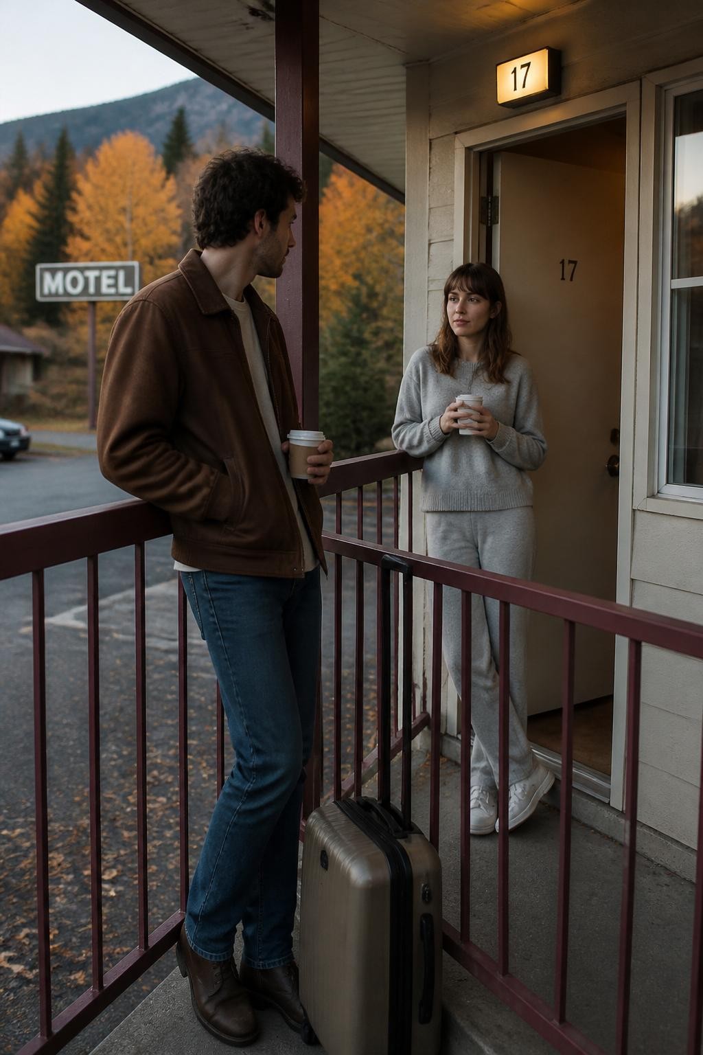 Image Prompt: A realistic travel-style DSLR photograph of a young couple standing outside a modest retro roadside motel surrounded by changing trees. The motel has faded cream doors, dark red railings, and a simple glowing room number sign. One person leans against the balcony rail wearing a brown bomber jacket and jeans, while the other stands near the open door in a soft grey knit set. A small suitcase, takeaway coffee cups, and fallen leaves suggest a weekend road trip. Early morning light, slightly cool air, visible breath kept subtle, authentic motel details, natural poses, understated cinematic color.