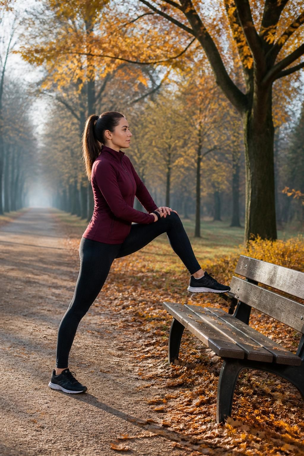 Image Prompt: A realistic outdoor DSLR photograph of a woman completing a gentle fall movement routine in a quiet park, wearing black leggings, supportive sneakers, a fitted long-sleeve top and lightweight burgundy jacket, walking along a tree-lined path before stretching beside a wooden bench, golden and copper leaves scattered on the ground, cool misty morning, natural athletic posture, soft sunlight filtering through trees, realistic clothing and body proportions, editorial wellness photography, 70mm lens, no logos, no text.