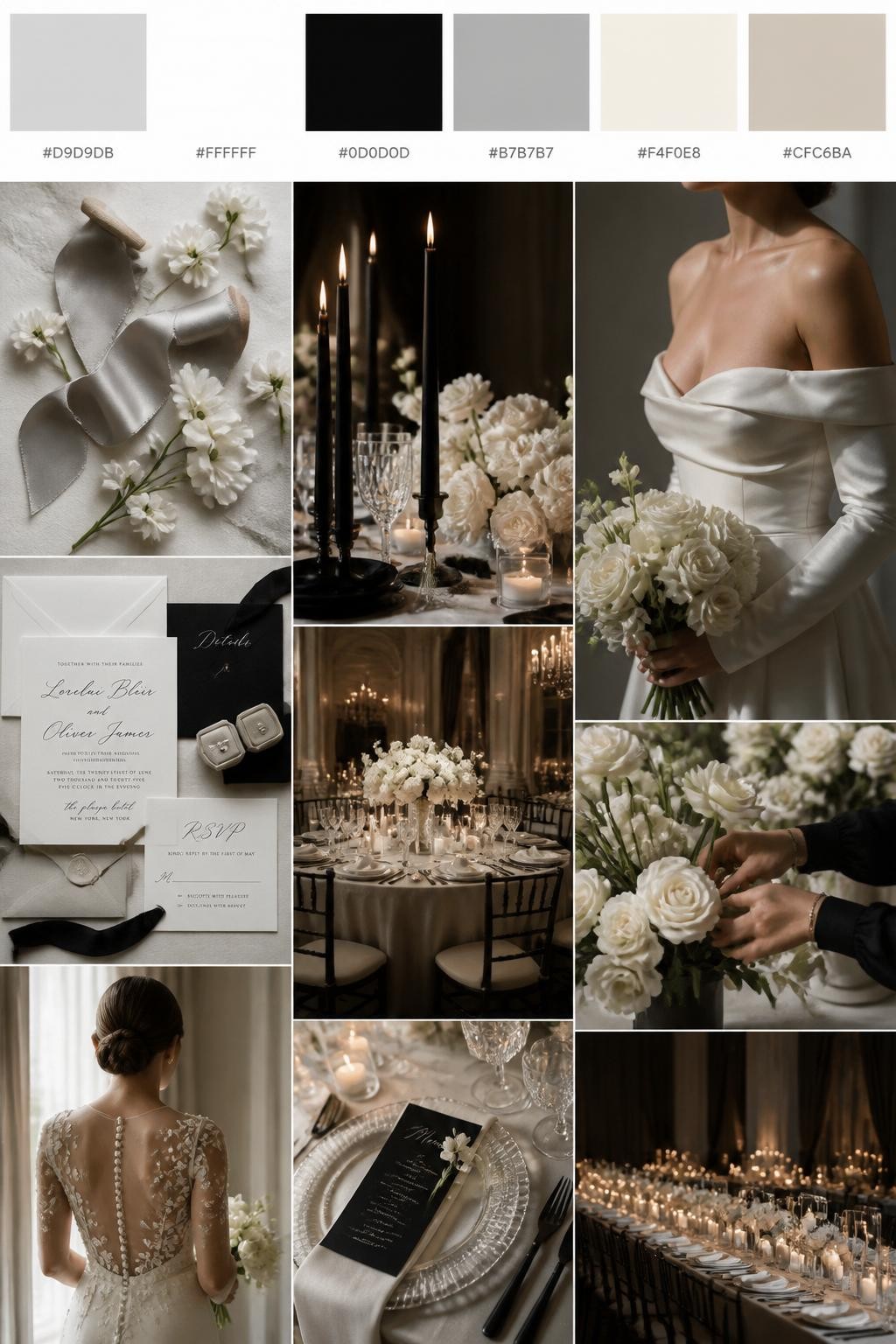 Image Prompt:
A realistic wedding inspiration mood board with a top strip of swatches and hex codes in pearl gray, white, black, silver gray, ivory, and pale taupe. Below, create a polished collage with gray silk ribbon, white flowers, black taper candles, elegant table settings, classic stationery, a cropped dress shot from below the chin, hands arranging flowers, and candlelit reception decor in a sophisticated formal venue. Use a mix of no-people flat lays, bouquet close-ups, back-view styling, and side-angle detail photos with no visible full faces. The mood should feel clean, elegant, formal, and romantic with realistic DSLR photo quality. 9:16 vertical format. (no watermarks on images)