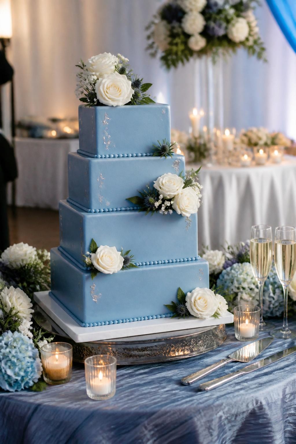 Image Prompt: Ultra-realistic wedding party scene showing a modern dusty blue square wedding cake with sharp tiers, smooth fondant or buttercream, white floral accents, and subtle silver or pearl details. Place the cake on a styled reception cake table with candles, blue and white florals, champagne glasses, fine linens, and a softly blurred wedding venue background. Keep the cake in clear focus. No visible faces. If guests appear, show only cropped hands, back views, side views, or neck-down figures. Realistic blue icing color, crisp square edges, soft wedding lighting, DSLR editorial photography. (no watermarks on images)
