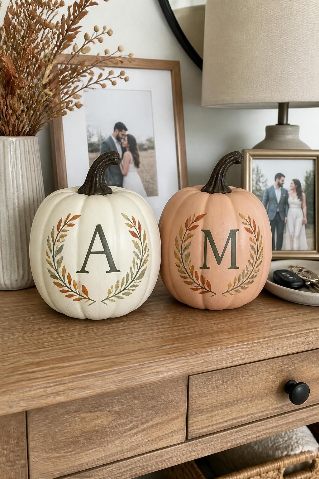 Horizontal 16:9 casual iPhone photograph of two finished matte ceramic pumpkins displayed side by side, each painted with one elegant dark-olive initial surrounded by a small wreath of rust leaves, mustard berries, and muted sage foliage, one pumpkin cream and the other pale terracotta, arranged on an entryway console beside framed couple photos, a key bowl, lamp, and dried branches, soft afternoon daylight, believable hand-painted lettering, no extra random words.