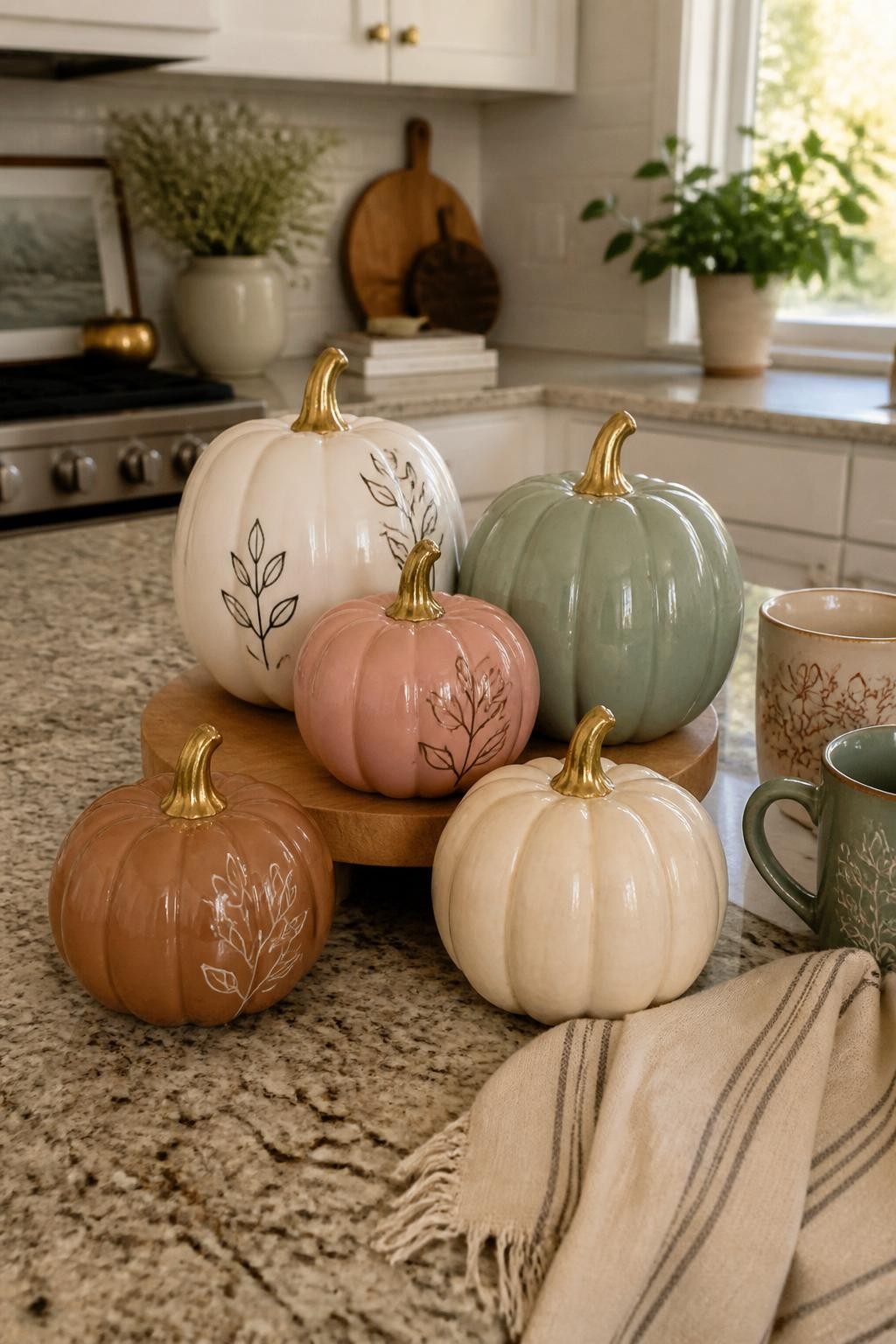 Image Prompt: A realistic DSLR photo of foam pumpkins painted to look like handmade ceramic, with glossy cream, sage, clay pink, and soft brown finishes, subtle brush marks, simple line art leaves, and tiny gold stem accents, displayed on a kitchen island with ceramic mugs, linen towel, and warm daylight, polished fall craft decor.