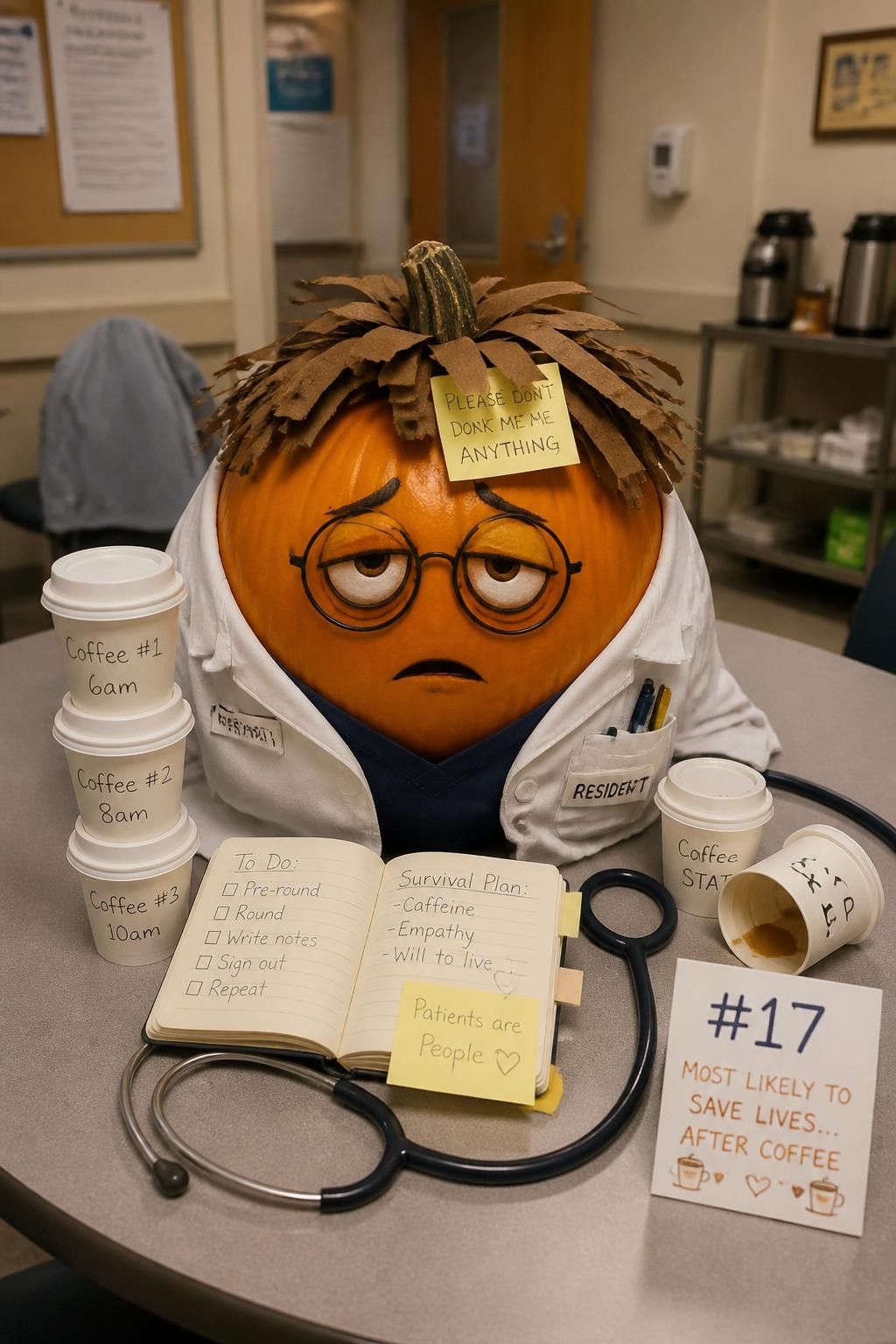 Image Prompt: A realistic DSLR photo of a tired but cute pumpkin decorated as a medical resident, with paper glasses, messy paper hair, tiny white coat, mini coffee cups around it, sticky notes, open notebook, stethoscope, hospital break room table setting, warm fluorescent indoor light, funny healthcare worker contest display.