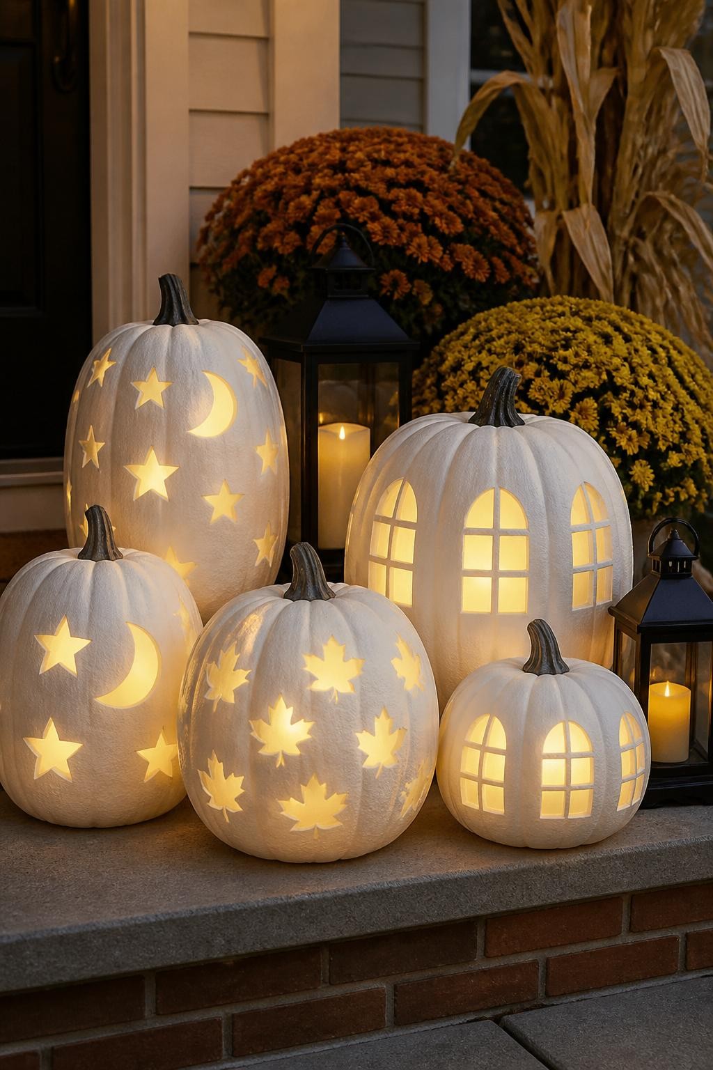 Image Prompt: A realistic DSLR photo of white foam pumpkins cut with neat moon, star, leaf, and arched window shapes, glowing from inside with battery-operated tea lights, arranged on a porch step with lanterns, mums, dried corn stalks, and soft evening light, cozy stylish no-flame fall porch decor.