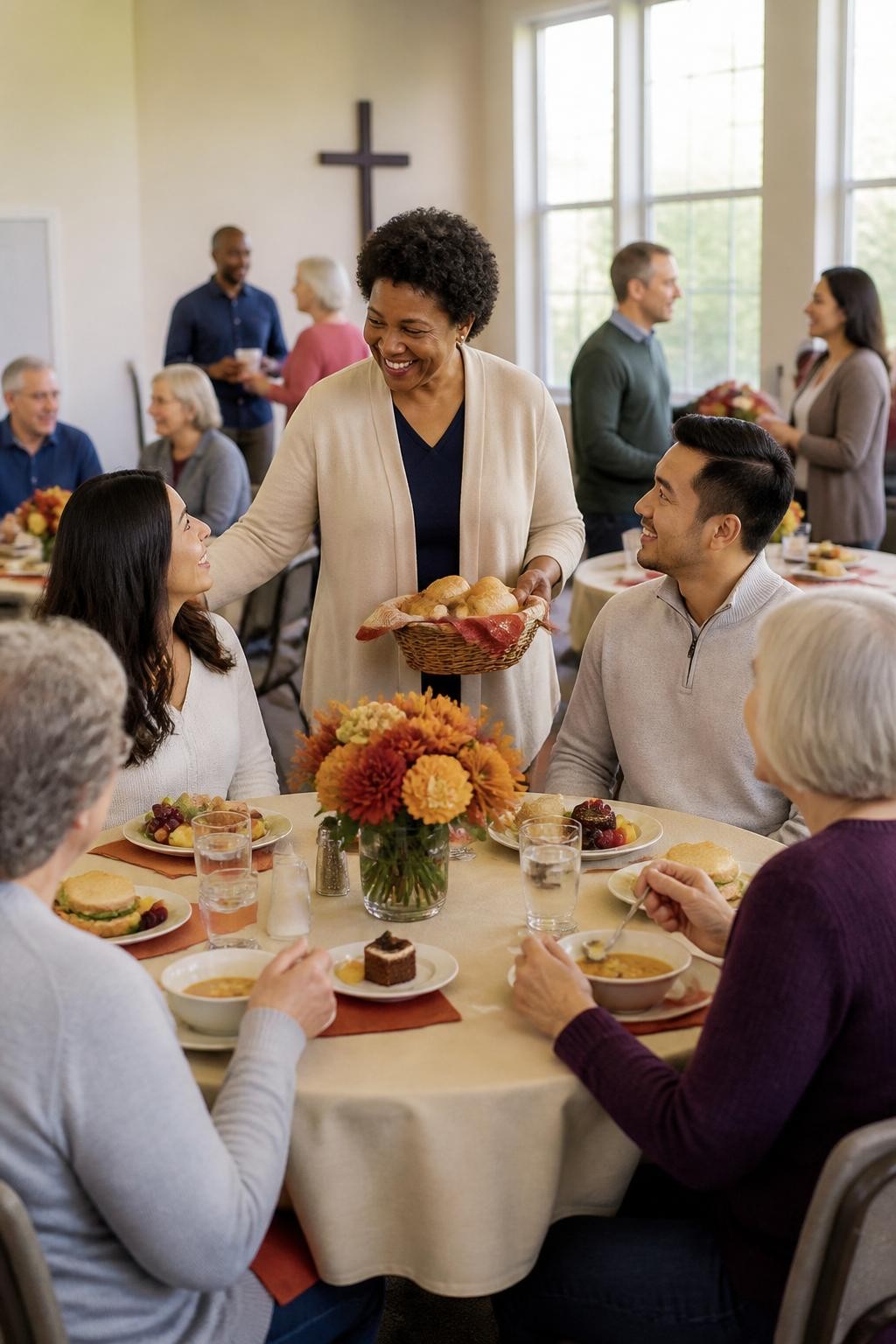 Image Prompt: A bright church fellowship hall prepared for a relaxed friendship lunch, several small mixed-age tables set with soup, sandwiches, fruit, and simple desserts, long-term members welcoming newer attendees, a Black woman introducing two guests while carrying a bread basket, warm table linens and understated autumn flower arrangements, open natural body language, soft window light, welcoming editorial DSLR photography, no name tags with readable text, no text overlay.