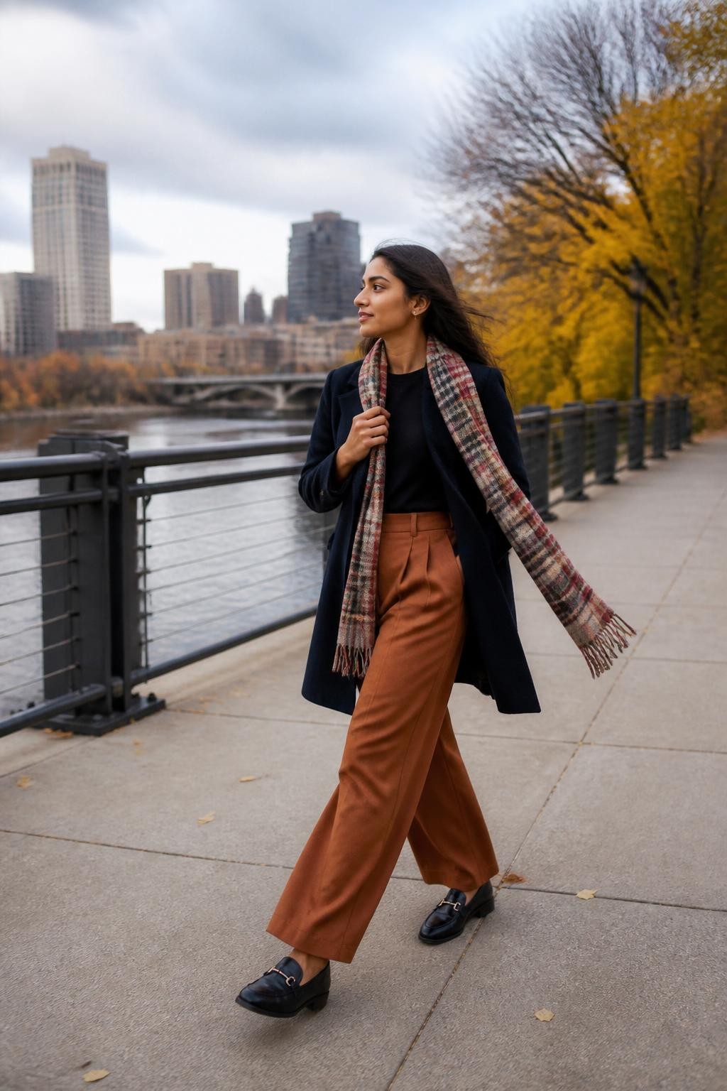 Image Prompt: A realistic full-body autumn photograph of a young South Asian woman walking across a wide pedestrian bridge on a breezy afternoon. She wears a dark navy coat, cinnamon-colored wide-leg trousers, black loafers, and a long plaid scarf in muted red, cream, and olive. One hand loosely holds the scarf near her collar while the free end moves behind her in the wind. Her front leg is extended into a confident step, her chin turns slightly toward the river, and her expression remains relaxed. Yellow trees, dark metal railings, and distant city buildings create depth. Natural wind movement, realistic brown skin tone, crisp outfit detail, slight motion in the scarf, balanced cloudy daylight, modern lifestyle editorial photography.