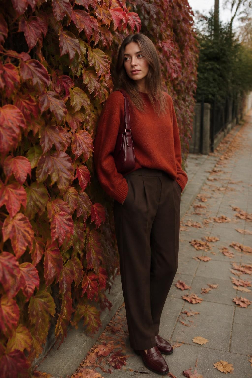 Image Prompt: A realistic DSLR-style fall fashion photograph of a young white woman standing beside a thick wall of changing maple leaves in shades of burgundy, copper, burnt orange, and faded green. She wears a deep rust oversized sweater, dark brown straight-leg trousers, leather loafers, and a small burgundy shoulder bag that closely matches the leaves. Frame her slightly off-center with one shoulder leaning toward the foliage, her face turned gently away from the camera. Soft cloudy afternoon light, natural skin texture, visible knit fabric, scattered dry leaves on the sidewalk, shallow depth of field, editorial Instagram photography, no artificial-looking blur.