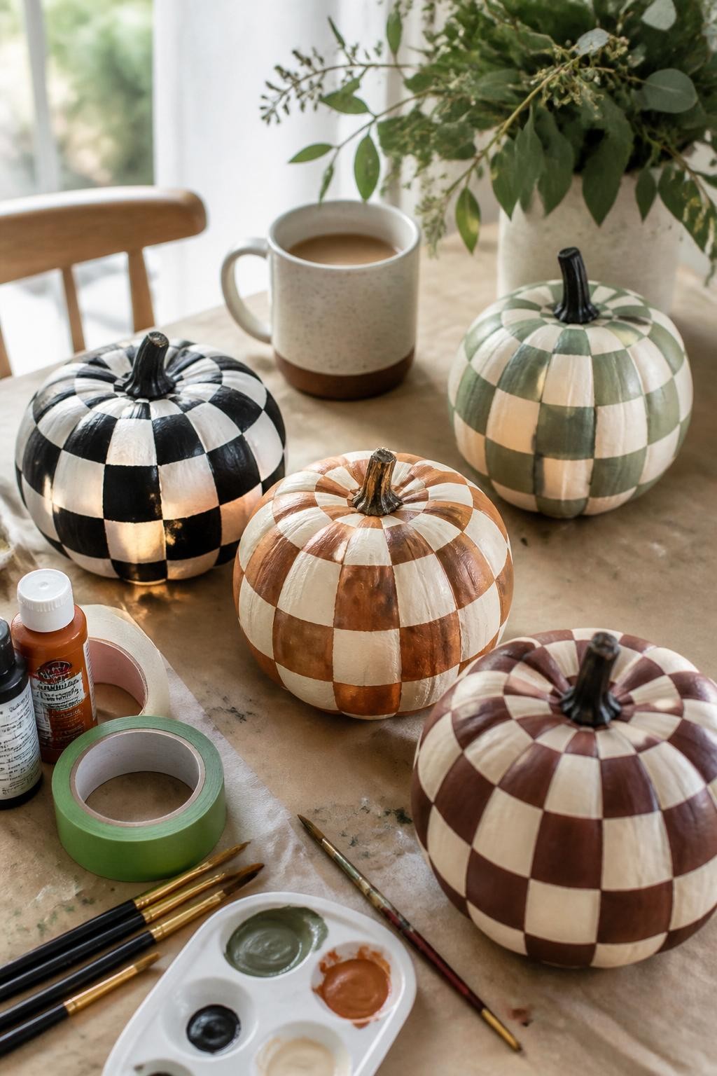 Image Prompt: A realistic DSLR photo of foam pumpkins painted with stylish checkerboard patterns in black and white, cream and rust, sage and ivory, and chocolate brown and beige, displayed on a craft table with painter’s tape, acrylic paint, fine brushes, and a ceramic coffee mug, bright natural light, trendy fall DIY decor.