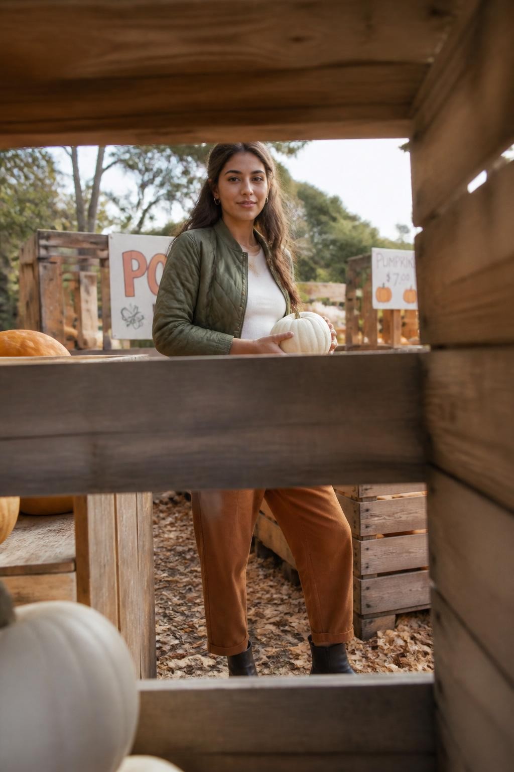 Image Prompt: A realistic editorial photograph taken through the open slats of a large wooden produce crate. A young Mediterranean woman stands on the opposite side wearing an olive quilted jacket, a cream fitted top, cinnamon-colored trousers, and dark leather boots. Her face and upper body appear through the central opening while the crate edges create a geometric foreground frame. She holds a small white pumpkin near her waist and looks slightly past the camera. Stacked crates, pumpkins, handwritten farm signs, and dry leaves fill the background. Natural afternoon light, realistic tan skin tone, visible wood grain, accurate pumpkin texture, shallow depth of field, creative but believable composition.