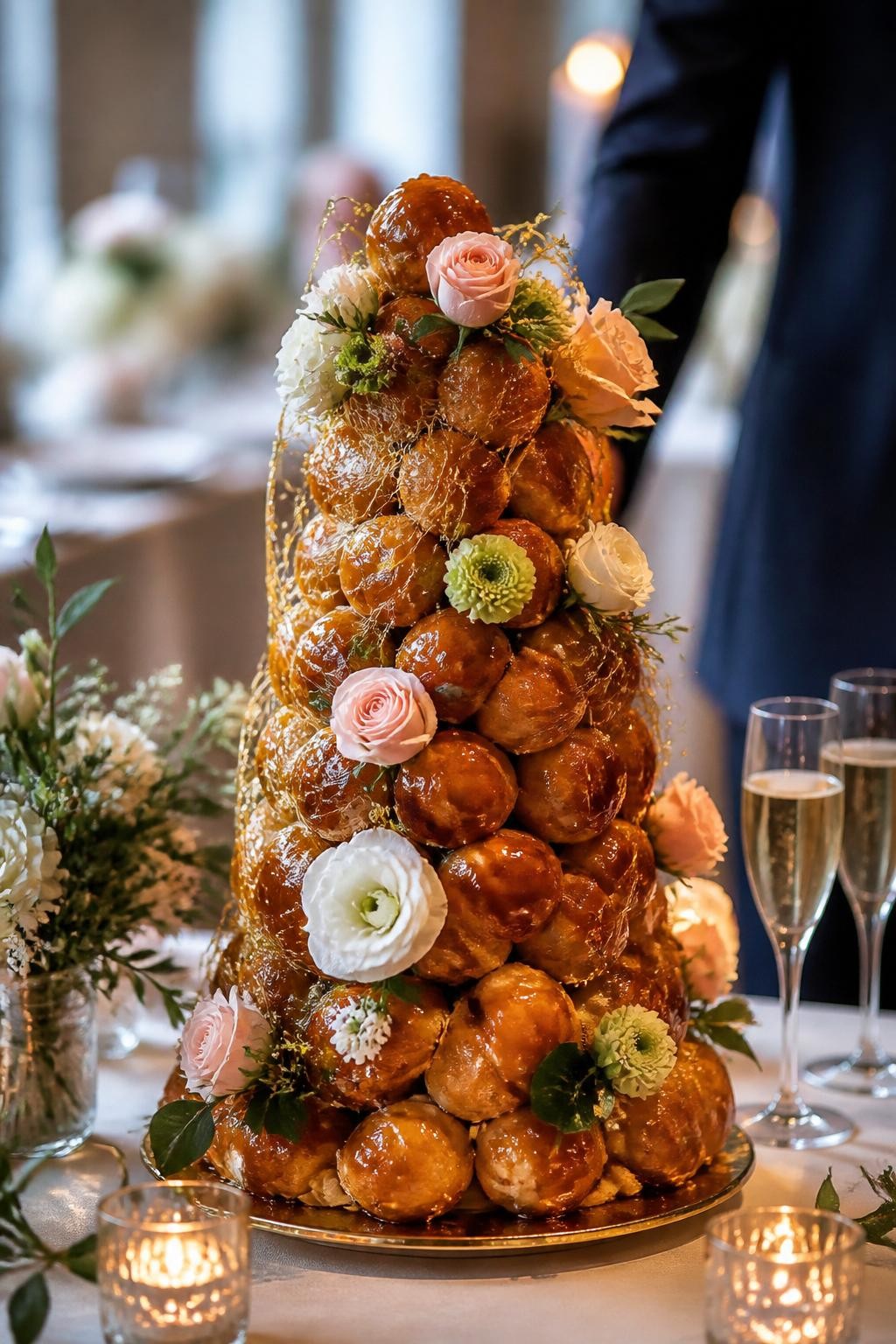 Image Prompt: Ultra-realistic wedding reception image of a French croquembouche decorated with fresh flowers, delicate greenery, glossy caramel threads, and golden cream puffs stacked in a tall cone shape. Place it on an elegant wedding dessert table with candles, floral arrangements, fine linens, champagne glasses, and a softly blurred reception setting. Keep the croquembouche as the clear focal point. No visible faces. If people appear, show only cropped hands, back views, side views, or neck-down figures. Realistic cream puff texture, caramel detail, fresh flower accents, warm romantic DSLR photography. (no watermarks on images)