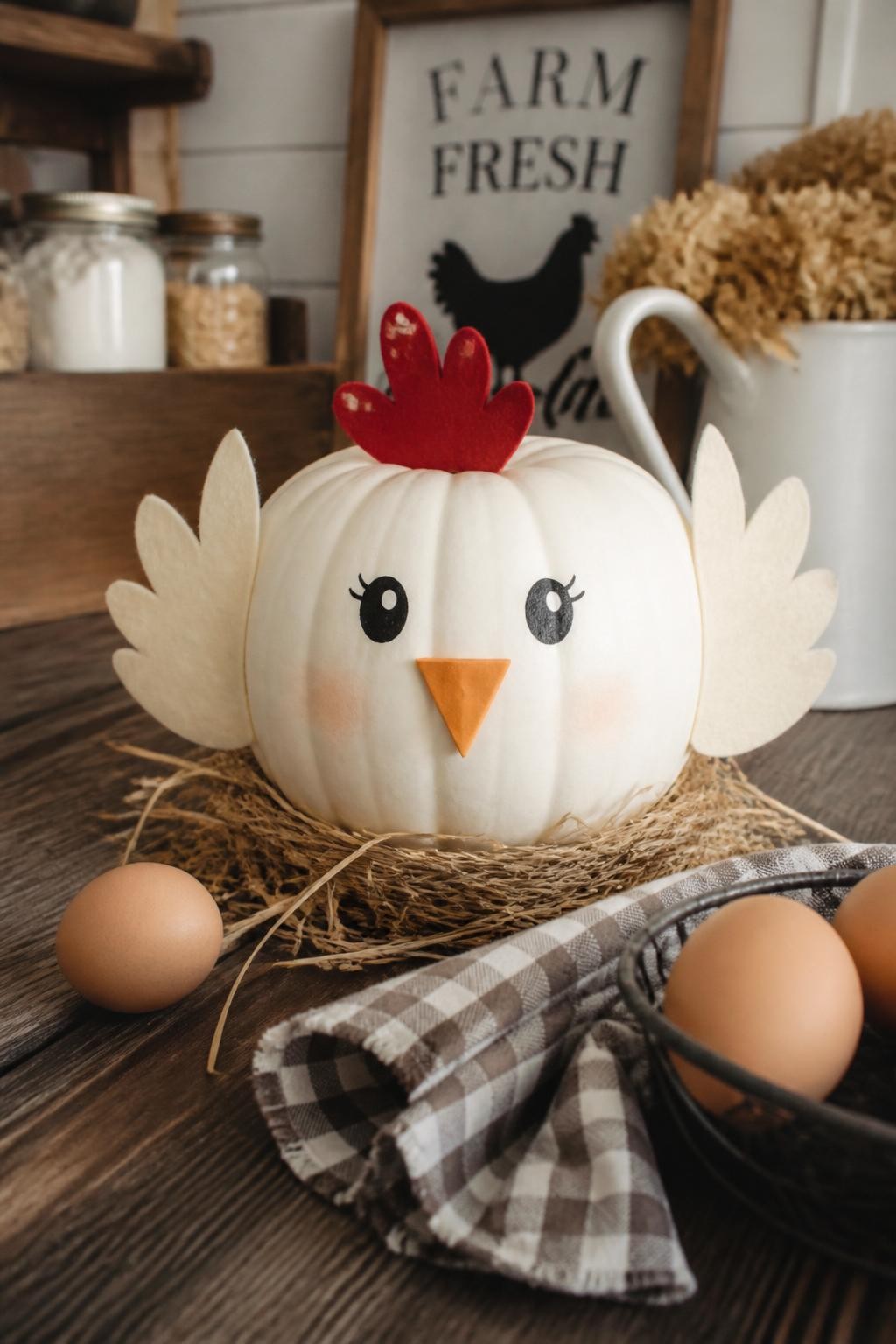 Image Prompt: A realistic DSLR photo of a medium white pumpkin decorated as a cute farm hen, with a red felt comb, small orange paper beak, black painted eyes, cream felt wings, tiny straw nest base, brown eggs nearby, gingham napkin, rustic wood table, warm natural farmhouse kitchen light, charming handmade fall craft display.