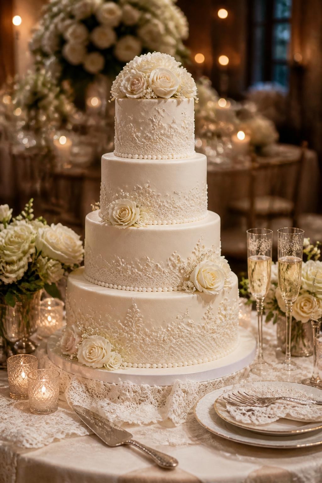 Image Prompt: Ultra-realistic wedding party photo of a French lace wedding cake with ivory tiers, delicate edible lace details, lace-inspired piping, pearl accents, and a soft bridal finish. Place the cake on a refined reception cake table with candles, white roses, champagne glasses, lace linens, vintage glassware, and a softly blurred romantic wedding background. Keep the cake sharply focused. No visible faces. If guests appear, show only side views in blur, back views, cropped hands, or neck-down figures. Realistic lace icing texture, pearl details, warm DSLR wedding photography. (no watermarks on images)