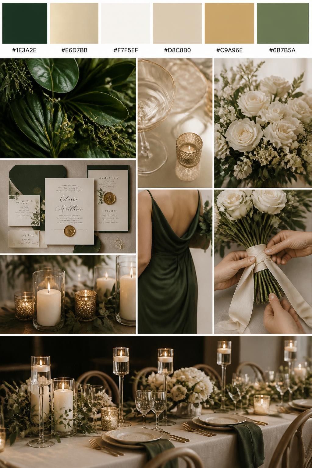 Image Prompt:
A realistic wedding inspiration mood board with a top row of swatches and small hex codes in forest green, champagne, ivory, warm beige, soft gold, and muted olive. Under the palette strip, show a polished collage of deep green foliage, champagne details, ivory florals, candlelight, elegant paper goods, a cropped bridesmaid dress image from the neck down, hands tying ribbon around a bouquet, and a romantic no-people reception table with classic luxury styling. Use only back views, side views, detail crops, and no-people decor scenes to avoid face issues. DSLR-style realism, 9:16 vertical format. (no watermarks on images)