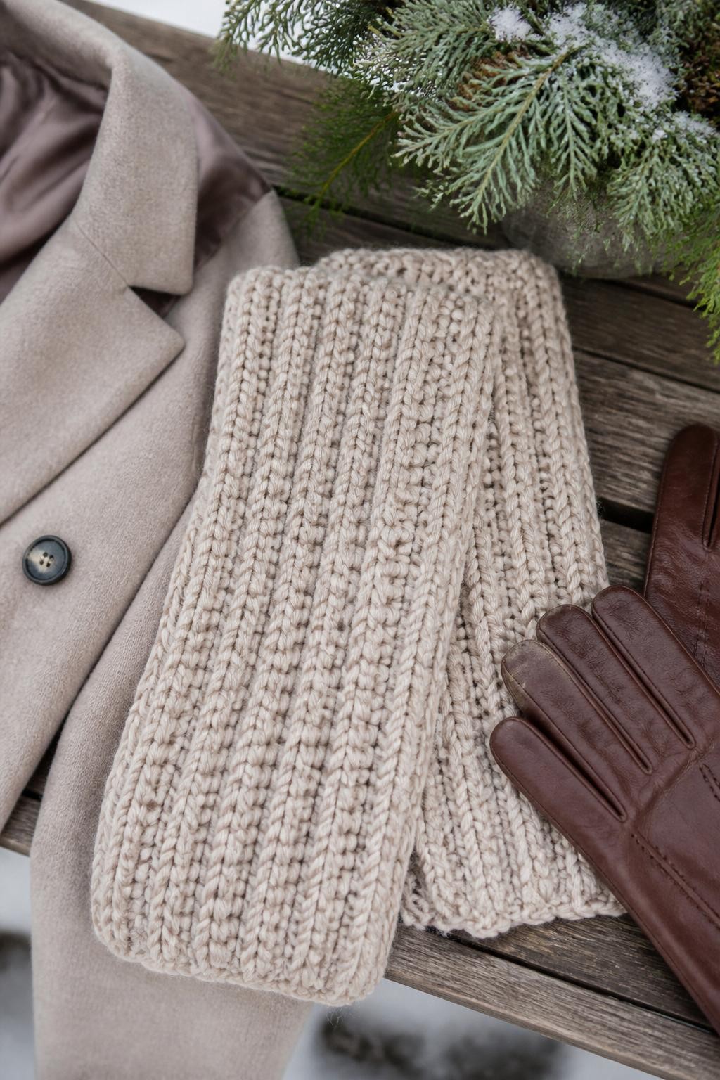 A realistic iPhone photograph of a handmade chunky ribbed crochet scarf in warm oatmeal-colored yarn, folded neatly beside a wool coat, leather gloves, and subtle Christmas greenery on a wooden bench, natural winter daylight, realistic thick yarn texture, visible handmade stitches, cozy everyday styling, no text