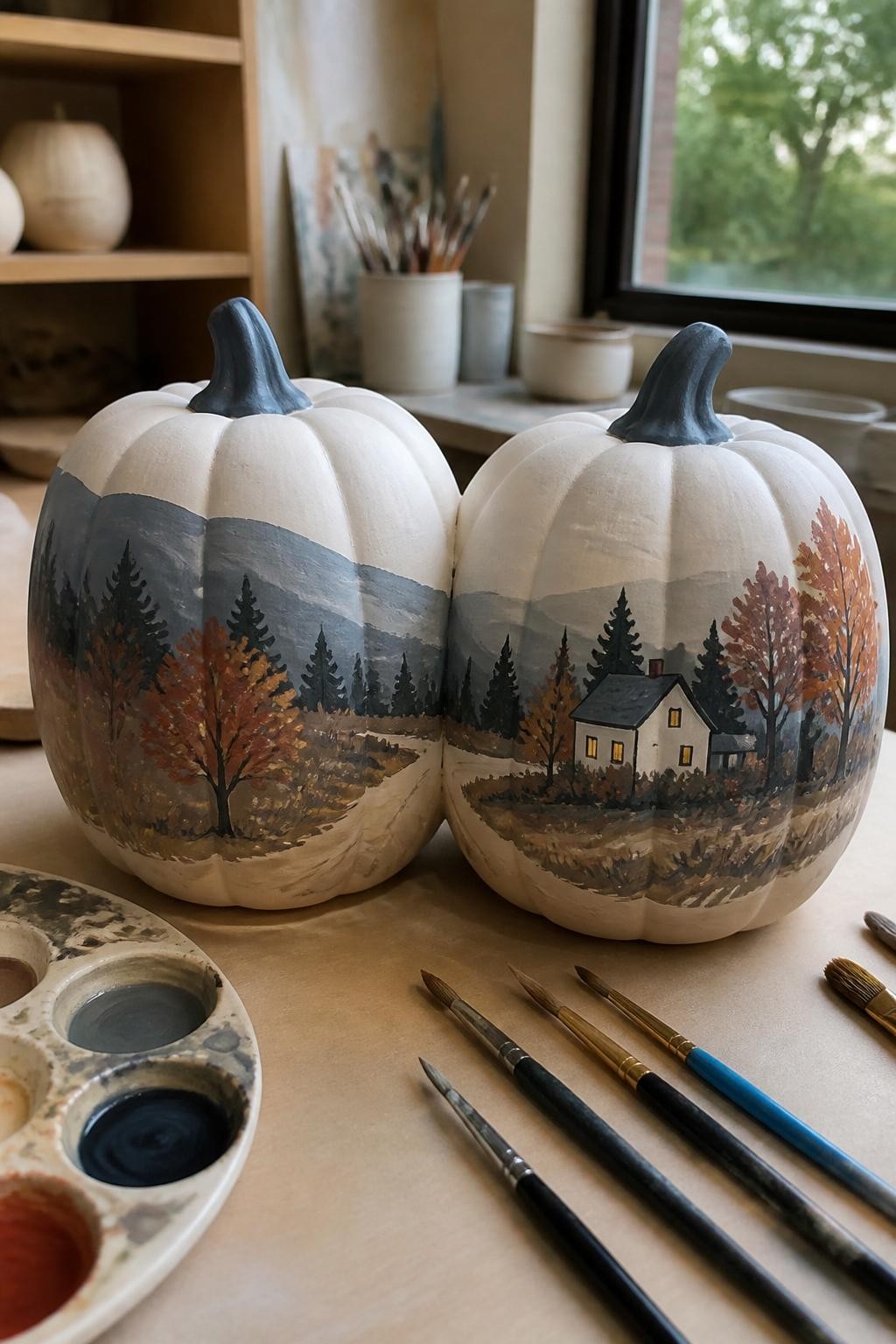 Horizontal 16:9 natural iPhone photograph of two pale ceramic pumpkins positioned closely together on a pottery painting table, one continuous autumn landscape sketched and painted across both pieces with blue-gray hills, rust trees, dark pines, a winding cream path, and a tiny cottage with mustard windows, paintbrushes and underglaze palettes nearby, daylight from a studio window, realistic handmade scene, no fantasy effects, no text.