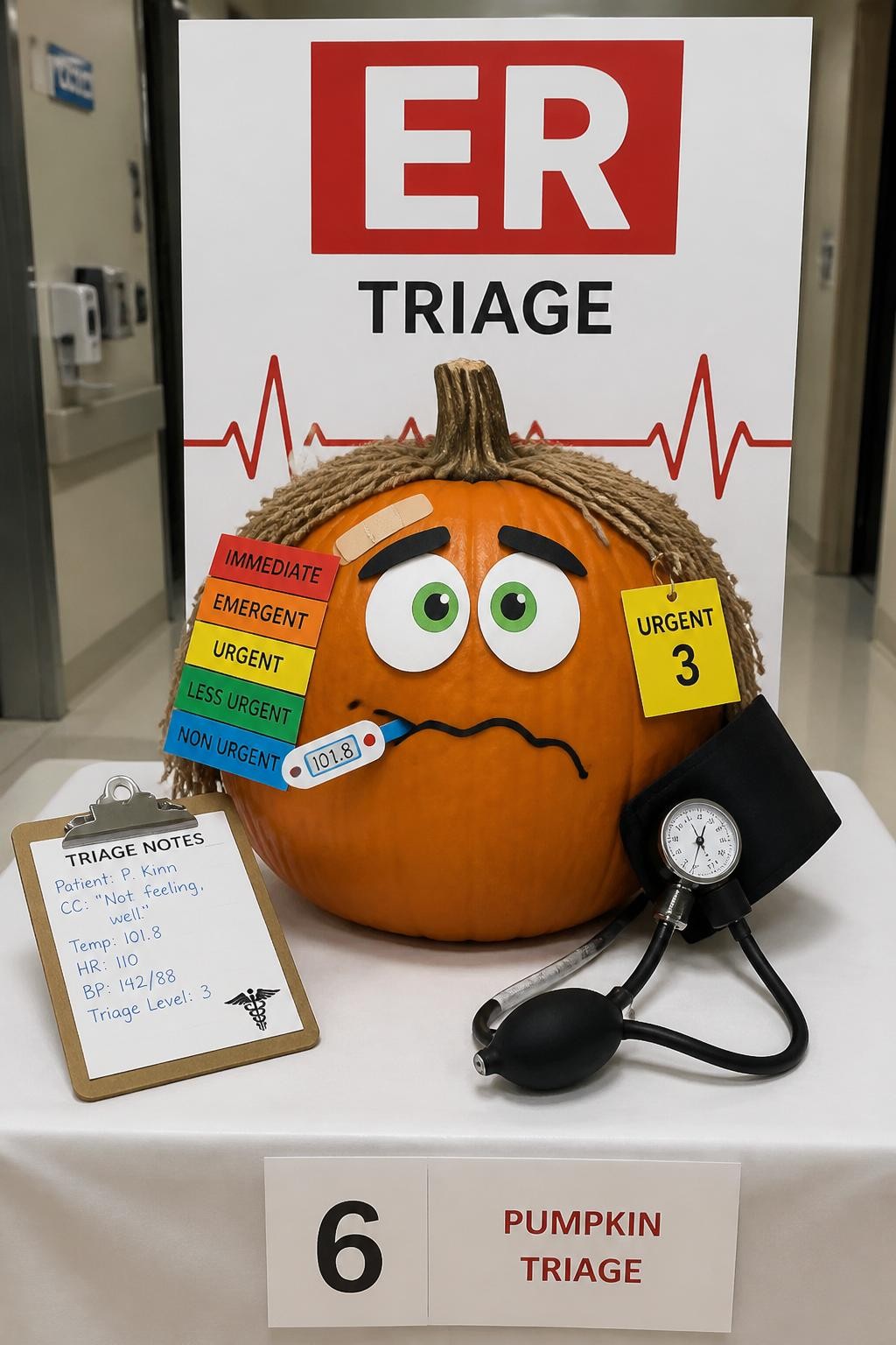 Image Prompt: A realistic DSLR photo of a pumpkin decorated as an emergency room triage patient, with colored paper triage tags, a mini clipboard, toy blood pressure cuff prop, paper thermometer, white and red ER sign backdrop, clean hospital hallway-inspired setup, bright indoor light, realistic but playful contest display with no gore.