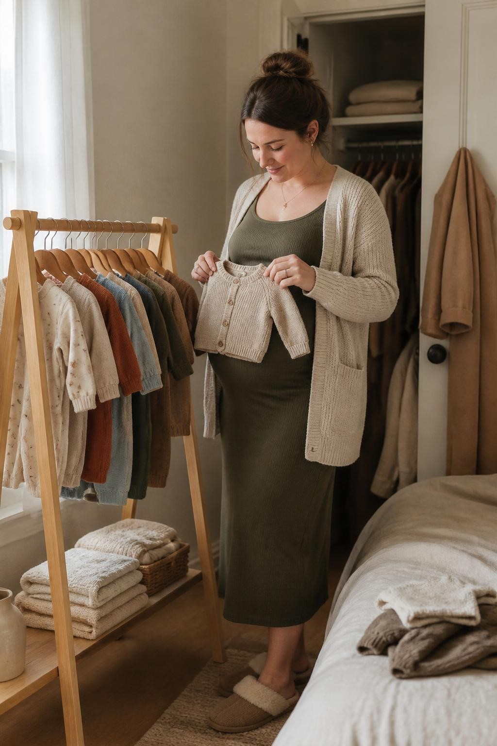 Image Prompt: A realistic indoor editorial photograph of a pregnant white woman standing beside a small wooden clothing rail in a softly lit bedroom. She wears a fitted forest green maternity dress beneath an oatmeal cardigan and low house slippers. The rail holds a carefully edited collection of baby clothing in cream, rust, muted blue, olive, and soft brown. She holds one tiny knitted cardigan against the curve of her belly while looking down with a gentle smile. An open wardrobe, folded blankets, and a camel coat appear in the background. Soft cloudy window light, natural skin texture, accurate pregnancy proportions, visible knit fibers, believable bedroom styling, warm intimate atmosphere.