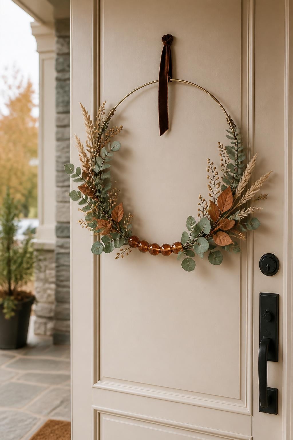 Image prompt: A realistic handmade fall wreath hanging on a matte cream front door, created from a thin antique-brass metal hoop with large translucent amber acrylic beads threaded along the lower third, surrounded by dusty green eucalyptus, muted rust leaves, pale beige grass stems, and tiny caramel-colored berries, finished with a narrow chocolate-brown velvet ribbon at the top, simple modern porch with natural stone floor, soft late-afternoon autumn light, visible handmade wire connections and slight imperfections, DSLR home decor photography, 50mm lens, shallow depth of field, no people, vertical composition.