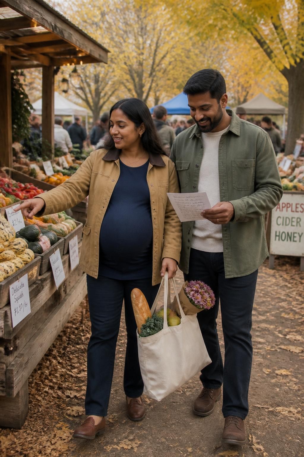 Image Prompt: A realistic outdoor DSLR photograph of a pregnant South Asian woman and her partner walking through a fall farmers’ market. She wears a fitted navy maternity top beneath a camel barn jacket, relaxed dark trousers, and supportive brown walking shoes. Her partner wears an olive overshirt and cream knit top. They share one handwritten shopping list while carrying a canvas tote containing pears, bread, flowers, and leafy vegetables. The woman points toward a produce table while her partner looks at the list and smiles. Wooden stalls, handwritten price cards, baskets, and yellow trees fill the background. Natural brown skin tones, realistic produce and fabric textures, comfortable walking posture, documentary-style maternity photography.