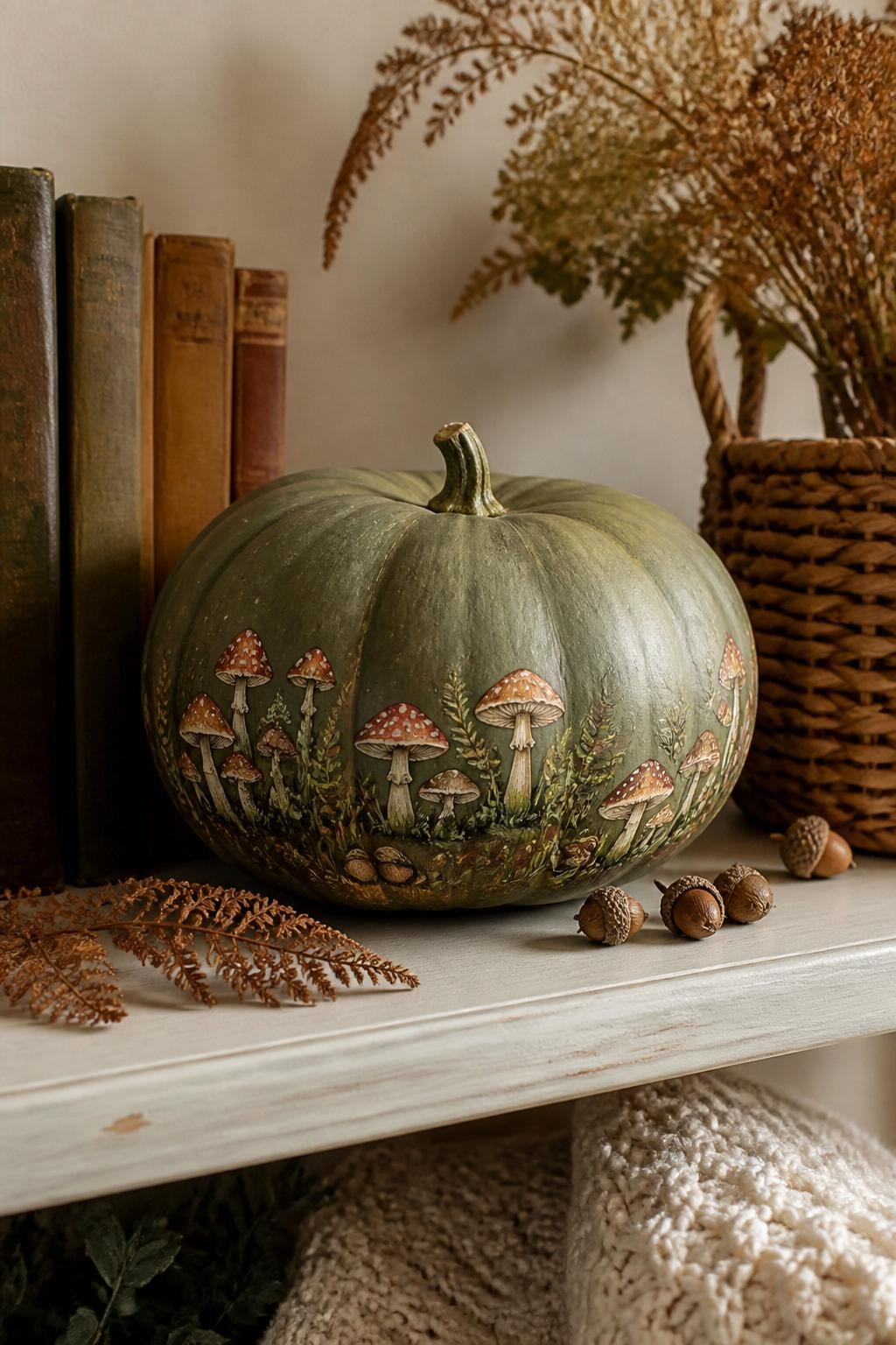 Horizontal 16:9 realistic iPhone camera photograph of a muted moss-green real pumpkin painted with tiny woodland mushrooms around the lower edge, rust-red, cream, brown, and faded pink caps, small ferns, grass, and miniature acorns, displayed on a reading nook shelf beside old books, dried fern stems, and a woven basket, soft late-afternoon daylight, cozy cottage atmosphere, realistic handmade details, no fantasy glow, no text.