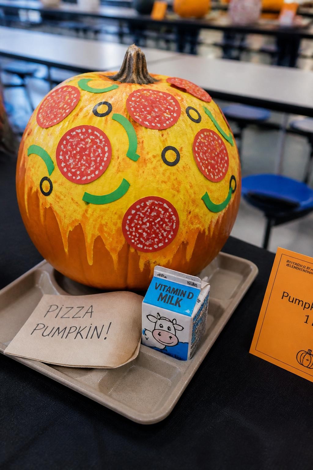 Image Prompt: A realistic DSLR photo of a round orange pumpkin decorated like a cheesy cafeteria pizza, with painted melted cheese, red paper pepperoni circles, green paper peppers, cardboard lunch tray, tiny milk carton prop, napkin, and a school cafeteria backdrop, bright playful contest table photography.