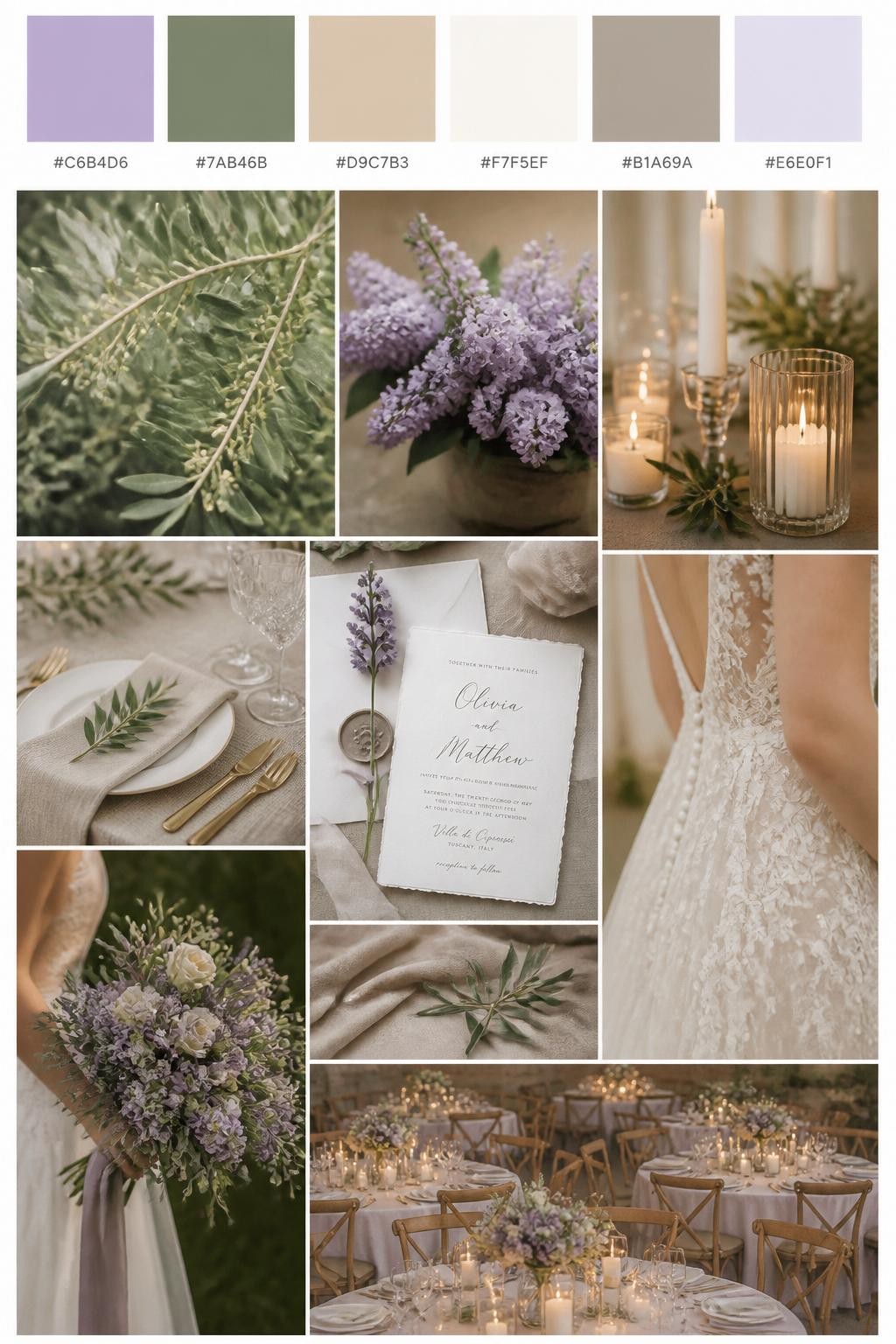 Image Prompt:
A realistic wedding palette board featuring a top row of color swatches and hex codes in lilac, olive green, beige, ivory, soft taupe, and pale lavender. Below, show a natural wedding collage of visuals: olive greenery, lilac flowers, beige table linens, soft candles, elegant paper goods, cropped dress detail shots, bouquet styling in hands-only composition, and no-people reception tables glowing in soft light. Avoid showing faces by using back angles, side crops, waist-up detail framing, and no-people scenes. The collage should feel earthy, soft, romantic, and polished with DSLR-quality detail. 9:16 vertical format. (no watermarks on images)