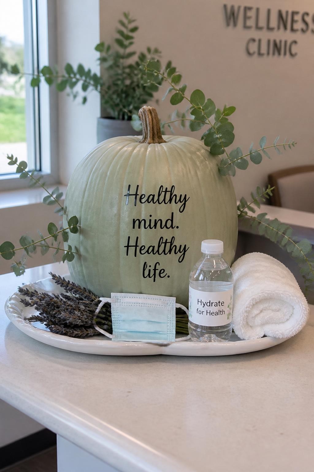 Image Prompt: A realistic DSLR photo of a pale green pumpkin decorated like a calm wellness clinic display, with eucalyptus leaves, tiny paper face mask, mini water bottle, soft towel, white ceramic tray, lavender sprigs, clean modern clinic counter, natural window light, peaceful healthcare-themed fall decor style.