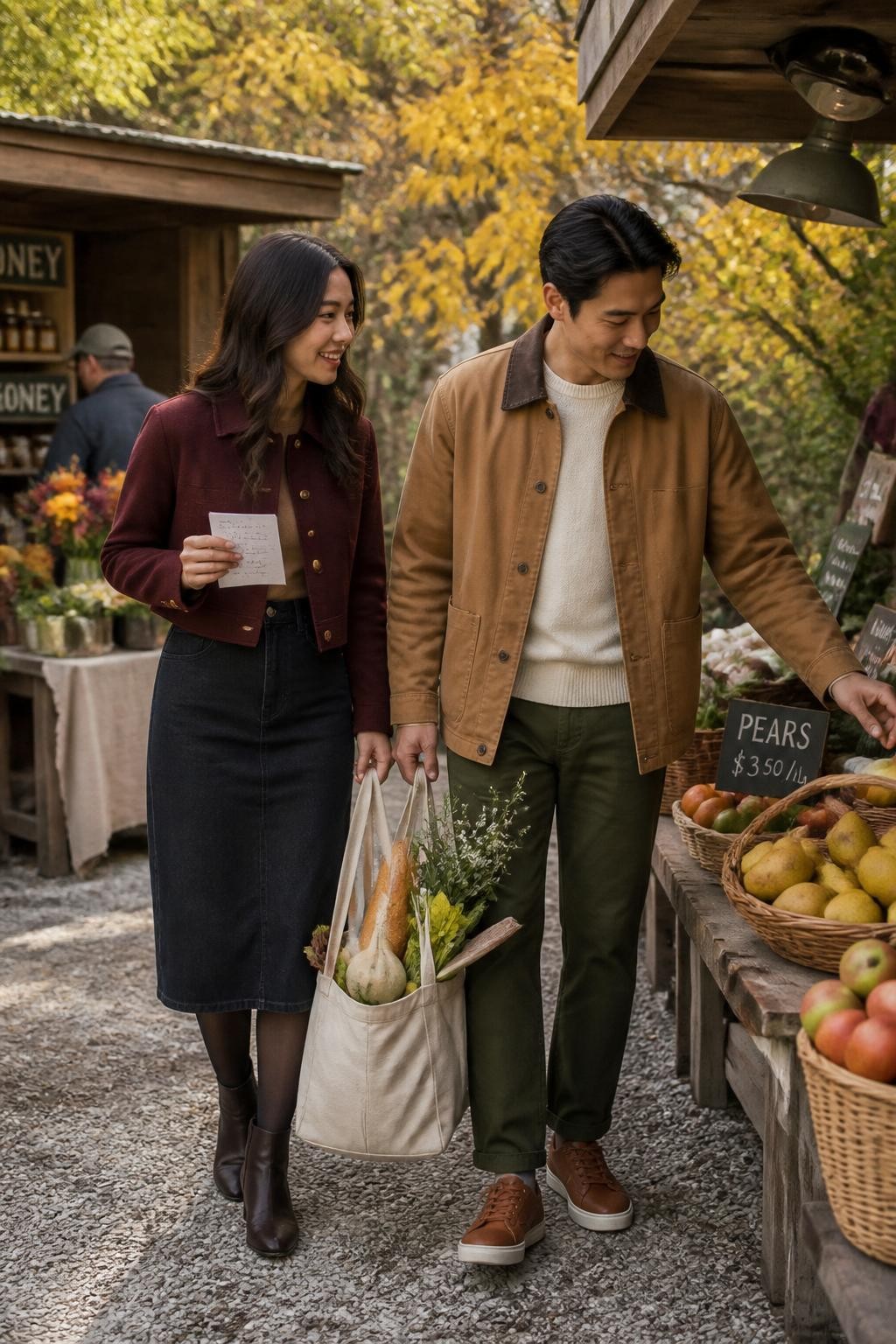 Image Prompt: A realistic DSLR lifestyle photograph of an East Asian couple walking through an outdoor farmers’ market while collecting ingredients for their first dinner as an engaged couple. The woman wears a cropped burgundy jacket, dark denim midi skirt, tights, and ankle boots. The man wears a camel chore coat, cream sweater, olive trousers, and leather sneakers. They carry one canvas tote between them containing pears, bread, herbs, flowers, and a small squash. She holds a handwritten recipe card while he reaches toward a market table. Wooden stalls, handwritten prices, baskets, and yellow trees fill the background. Warm morning light, realistic food and fabric textures, natural interaction, polished documentary-style photography.
