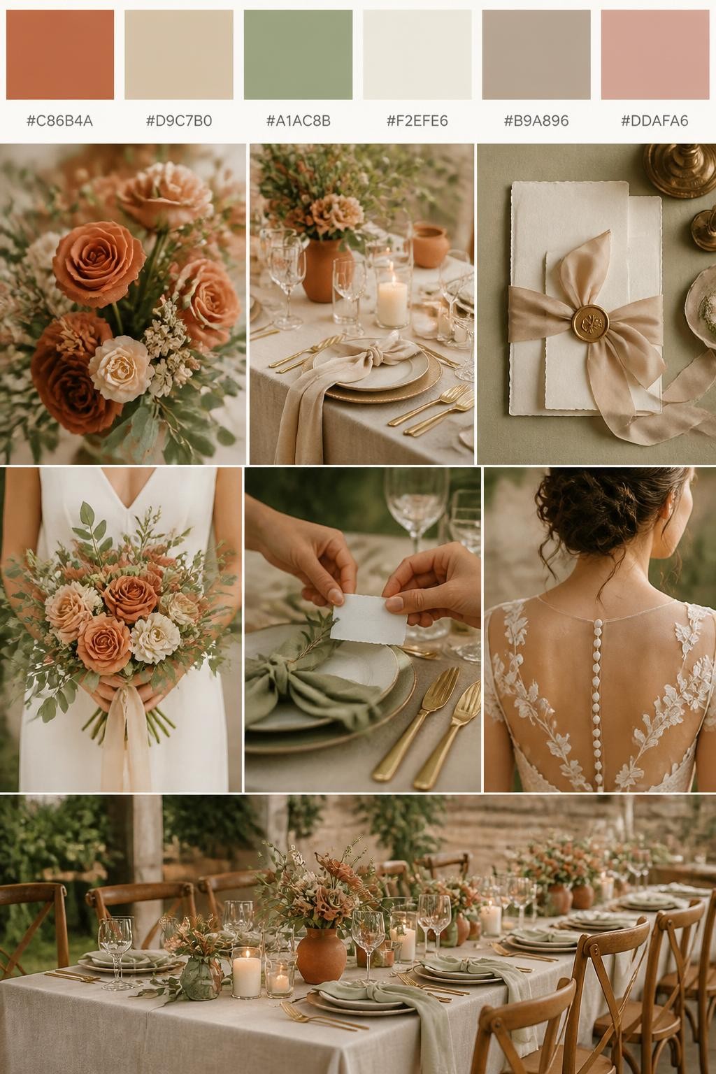 Image Prompt:
A realistic earth tone wedding color palette mood board in a Pinterest-style collage layout. Add a top row of clean color swatches with small hex codes in terracotta, beige, sage green, ivory, warm taupe, and dusty blush. Below the swatches, create a polished collage of wedding details: terracotta flowers, beige table linens, sage greenery, ivory candles, elegant stationery with silk ribbon, a bouquet held at waist level with no face visible, hands adjusting place cards, a back-view bridal detail, and a no-people reception table scene with warm natural styling. Use side views, back views, cropped-from-neck detail shots, hands-only styling, and no-people scenes to avoid showing faces. Soft natural light, romantic earthy wedding styling, DSLR-style realism, 9:16 vertical format. No extra text except small hex codes on the palette strip. (no watermarks on images)