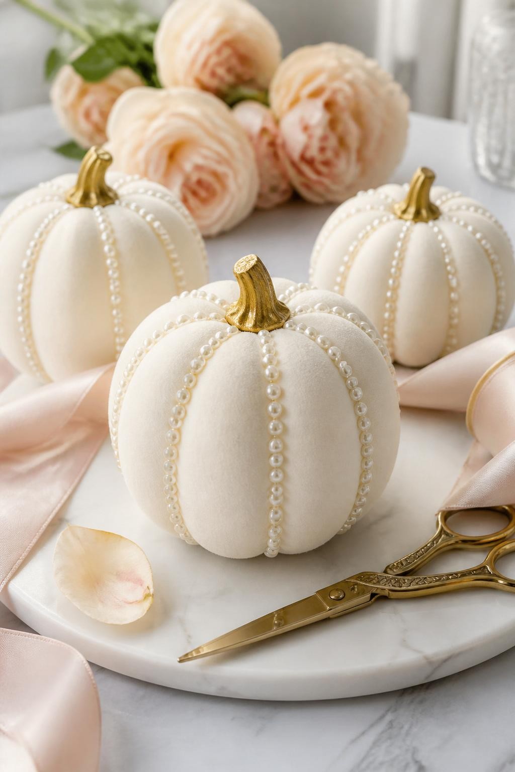 Image Prompt: A realistic DSLR photo of cream foam pumpkins decorated with tiny pearl stickers placed in vertical stripes along the pumpkin ridges, styled on a white marble tray with gold scissors, satin ribbon, blush roses, and soft daylight, feminine stylish fall decor photography, delicate handmade details.