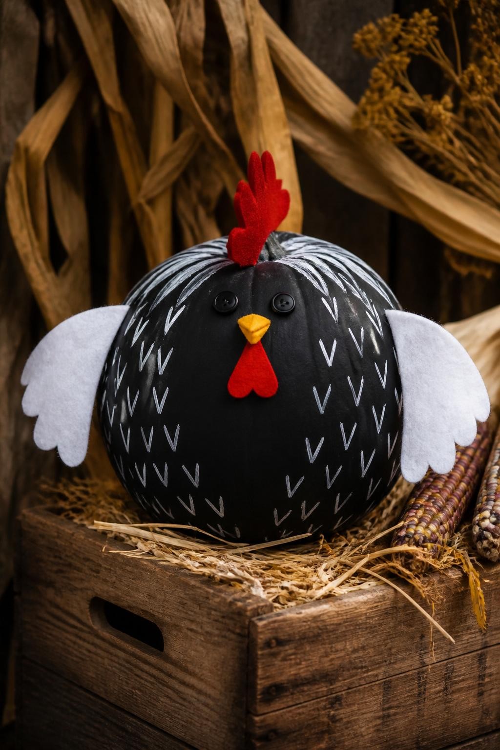 Image Prompt: A realistic DSLR photo of a matte black pumpkin decorated as a black and white hen, with white painted feather patterns, red felt comb, small yellow beak, black button eyes, white felt wings, set on a rustic wood crate with straw, dried corn husks, and warm moody autumn light, stylish farmhouse chicken pumpkin decor.