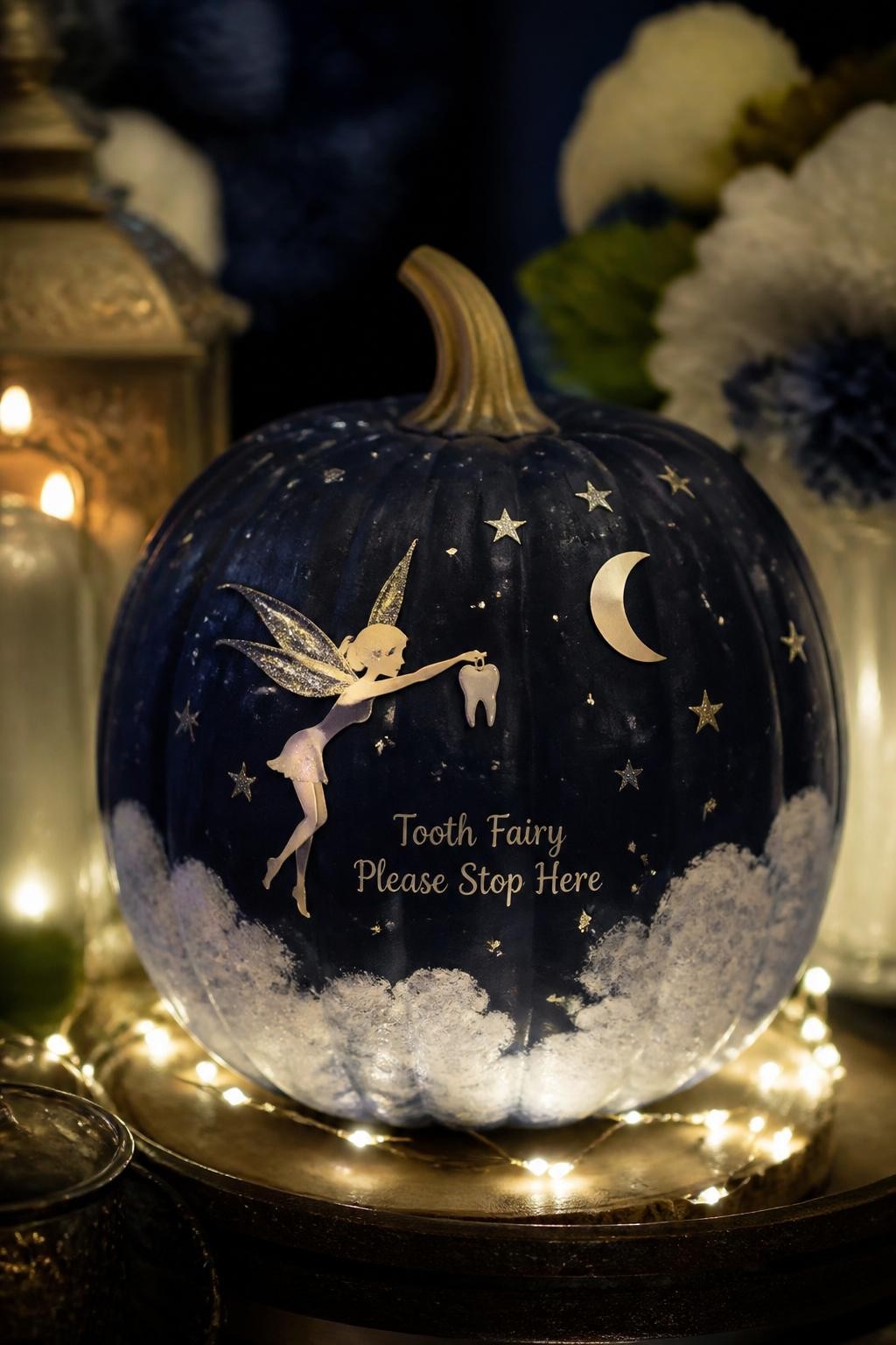 Image Prompt: A realistic DSLR photo of a navy blue pumpkin decorated with a tooth fairy night sky theme, featuring silver stars, tiny moon stickers, a small flying fairy silhouette holding a tooth, white cloud details, glitter dots, and soft fairy lights around the base, displayed on a dark table with glowing magical lighting, dreamy fall pumpkin decor.
