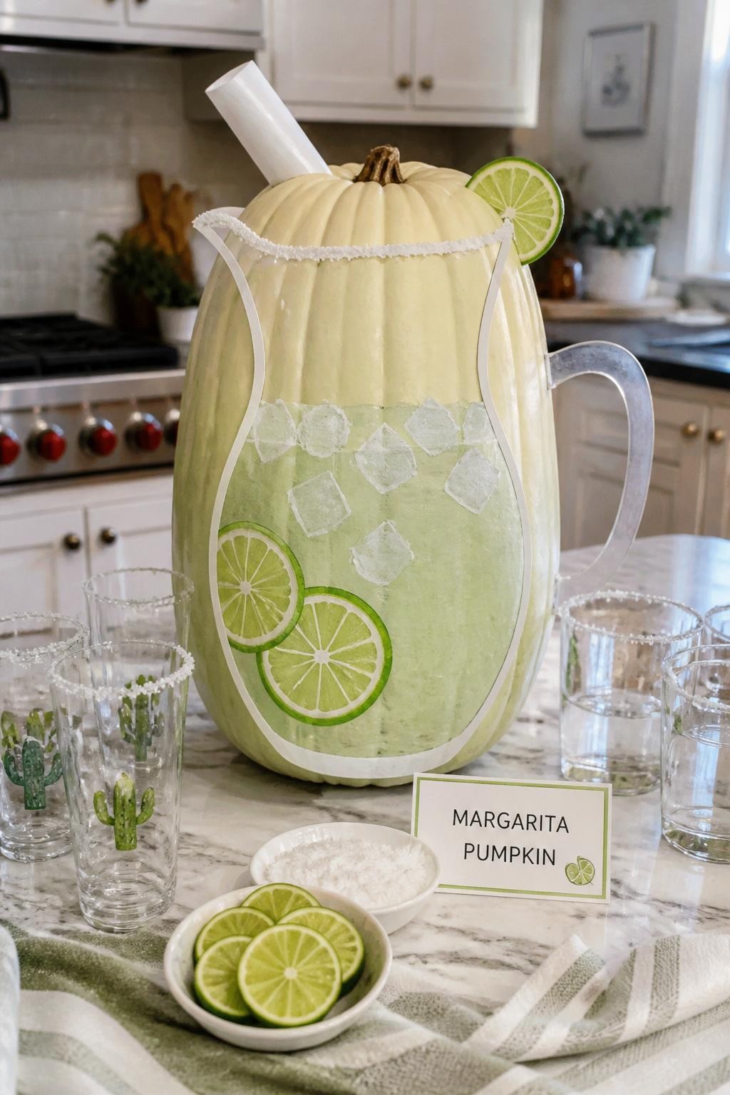 Image Prompt: A realistic DSLR photo of a tall pale green pumpkin decorated like a margarita pitcher, with a painted glass outline, faux handle made from clear acrylic or cardboard, painted lime slices, ice cube details, and a paper pour spout, styled on a kitchen island with small glasses, salt dish, and sliced limes, bright realistic party setup.