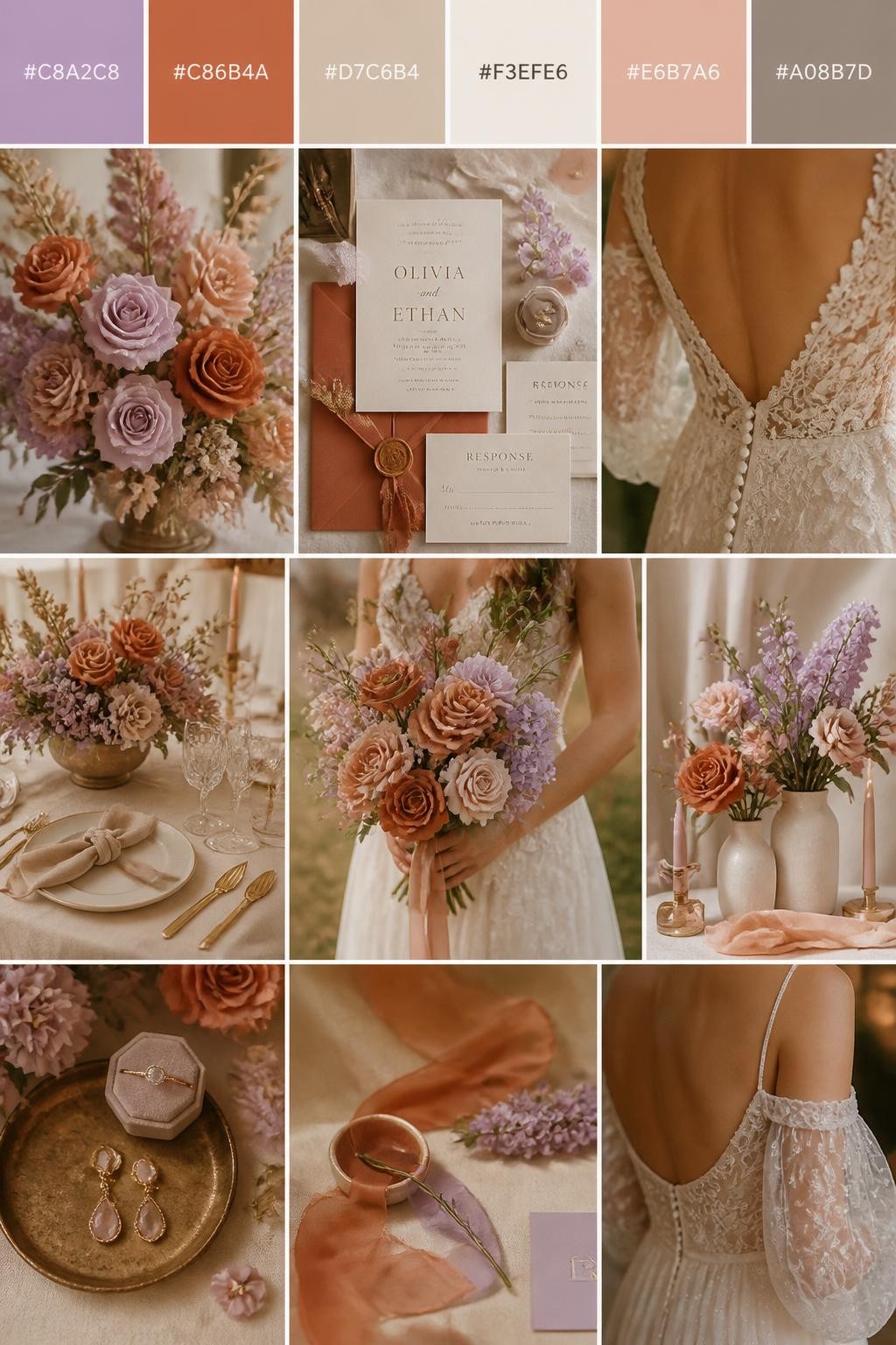 Image Prompt:
A realistic wedding inspiration collage with a top color strip showing hex-coded swatches in lilac, terracotta, beige, ivory, dusty peach, and warm taupe. Below the palette strip, create a realistic wedding mood board with terracotta flowers, lilac blooms, beige linens, invitation flat lays, cropped dress detail shots, hands holding a bouquet, and no-people decor scenes in warm romantic light. Use back views, side views, shoulder-down crops, and detail-only shots so no full faces are visible. The mood should feel warm, soft, romantic, and slightly earthy with DSLR-style realism. 9:16 vertical format. (no watermarks on images)