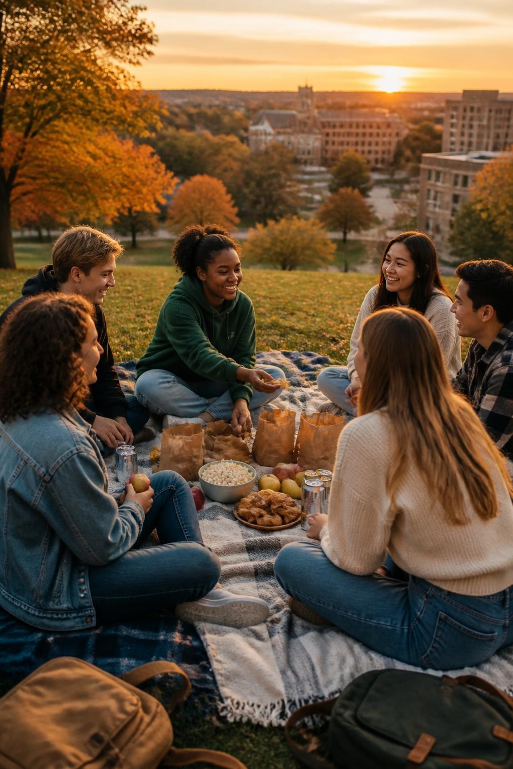 Image Prompt: Six college students sitting on blankets at a safe grassy campus overlook during sunset, each person revealing one affordable snack from a paper bag, fruit, popcorn, crackers, pastries and canned sparkling drinks arranged in the center, a Black woman in a forest-green hoodie passing a snack to a friend, backpacks and jackets nearby, amber trees and university buildings in the distance, warm golden light, natural laughter and relaxed body language, editorial DSLR lifestyle photography, no visible brands, no text.