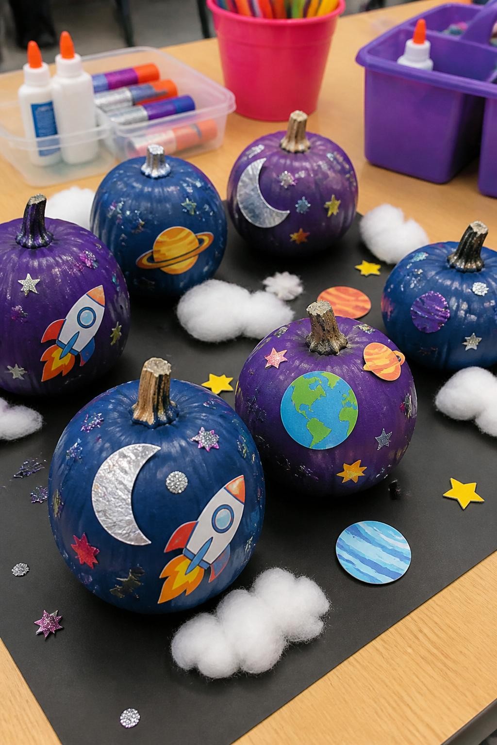 Image Prompt: A realistic DSLR photo of small pumpkins painted dark blue and purple with sticker stars, paper planets, silver foil moons, glitter glue dots, and rocket ship cutouts, displayed on a black poster board with cotton cloud details and child-safe craft supplies nearby, bright classroom craft lighting, fun space-themed pumpkin decorating scene.