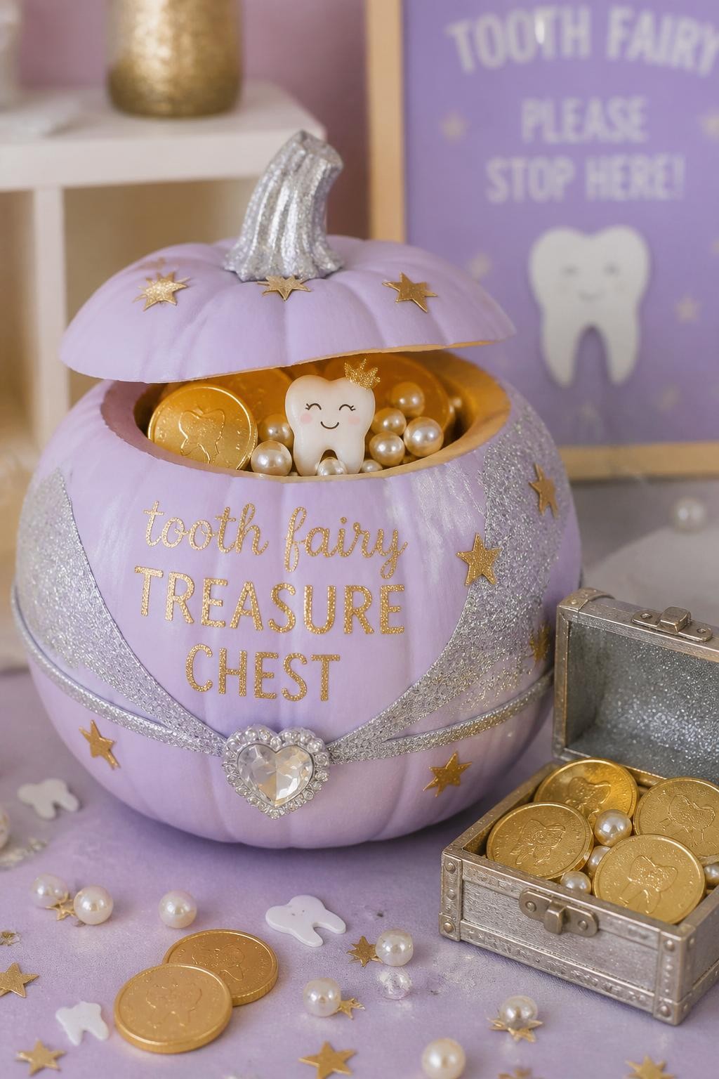 Image Prompt: A realistic DSLR photo of a pale lavender pumpkin decorated as a tooth fairy treasure chest, with gold paper coins, tiny pearl beads, a smiling tooth charm, glitter stars, silver ribbon, and a small open treasure box beside it, displayed on a kids party table with soft pastel lighting, cute magical dental-themed craft display.