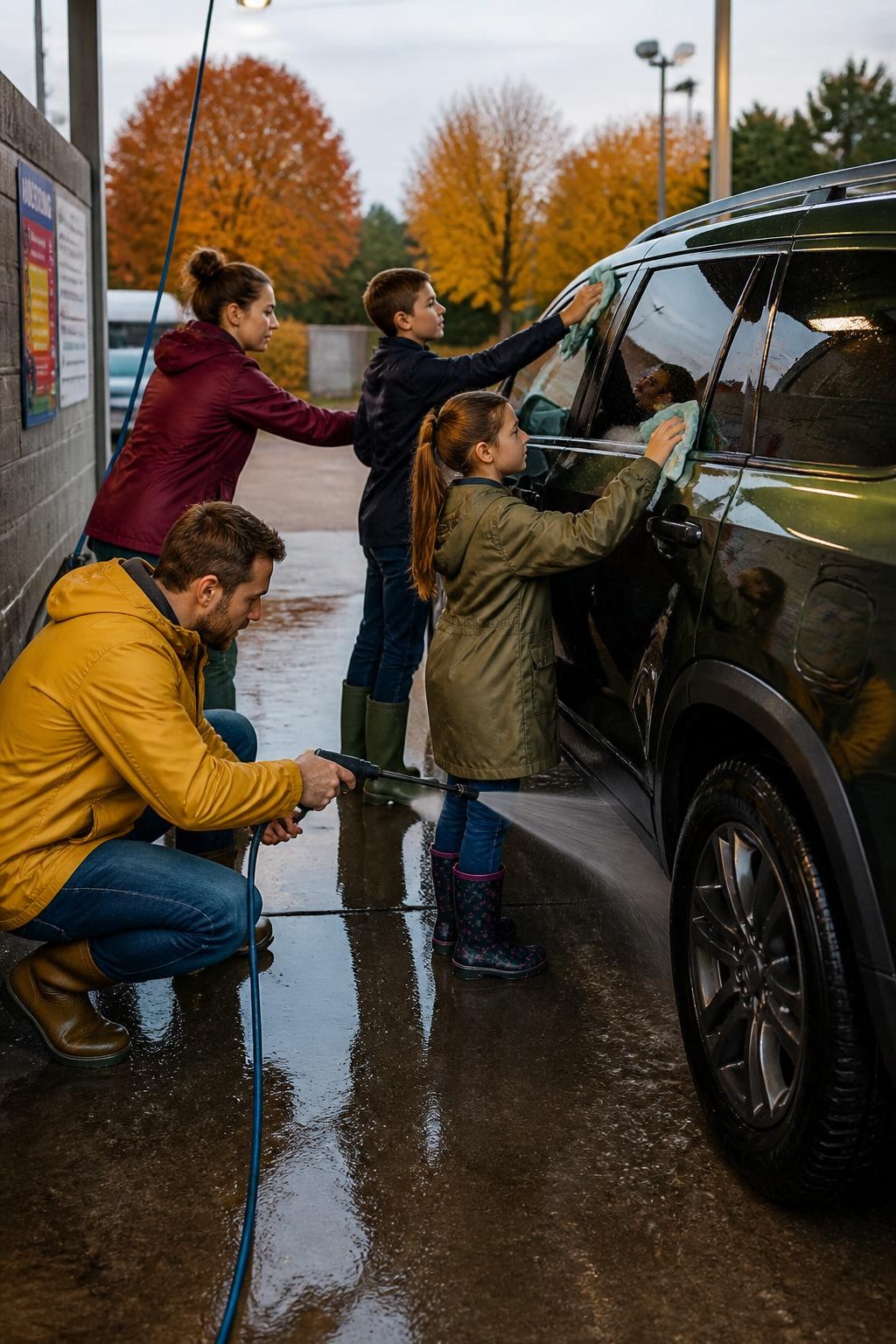 Image Prompt: A realistic lifestyle photograph of a white family beside a dark green SUV at a self-service car wash on a mild fall afternoon after rain. The parents and two older children wear waterproof jackets in mustard, burgundy, navy, and olive with practical boots. One parent sprays water safely along the lower car panel while the children wipe the windows with large microfiber cloths. Water beads across the vehicle and reflects orange trees, overhead lights, and the family’s clothing. Everyone is naturally interacting rather than facing the camera. Realistic vehicle proportions, believable wet surfaces, natural pale skin tones, subtle motion, contemporary documentary-style family photography.