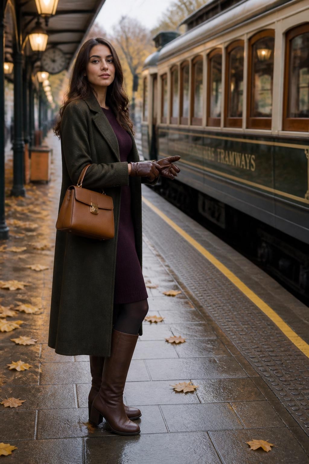 Image Prompt: A realistic full-body fall fashion portrait of a young Mediterranean woman waiting on a clean heritage tram platform. She wears a long dark olive coat over a fitted plum dress, sheer tights, tall brown boots, and a structured camel handbag. She pulls one chocolate leather glove onto her hand while standing several feet behind the platform safety line. Her shoulders face the tracks while her head turns slightly toward the camera. A stationary vintage-style tram, warm platform lights, damp pavement, and yellow leaves create the background. Natural tan skin texture, realistic glove and coat details, safe body placement, cool afternoon light, elegant travel editorial.