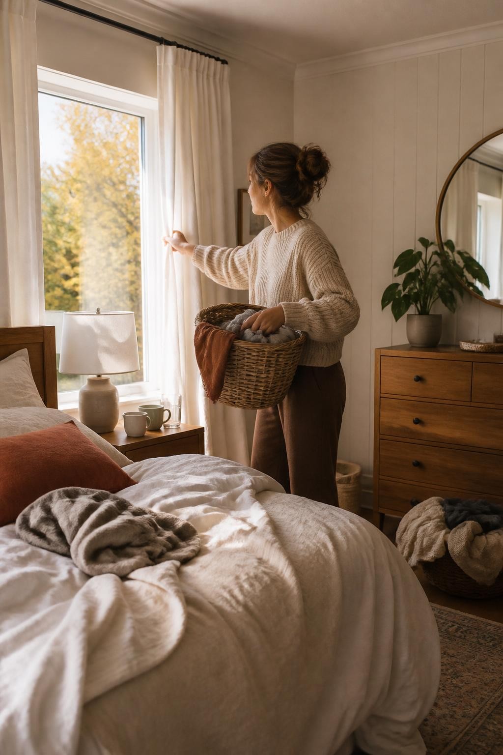 Image Prompt: A bright realistic interior photograph of a woman completing a focused mental-reset clean in a cozy bedroom, opening the curtains while placing loose clothes into a woven basket and clearing cups from the bedside table, wearing comfortable chocolate-brown lounge trousers and an oatmeal sweater, fresh cream bedding, one muted rust pillow, a small plant, warm wooden furniture, and golden trees outside the window, room looking calmer but still naturally lived in, soft fall morning light, realistic fabric folds and household textures, editorial DSLR home photography, 35mm lens, no product branding, no text.