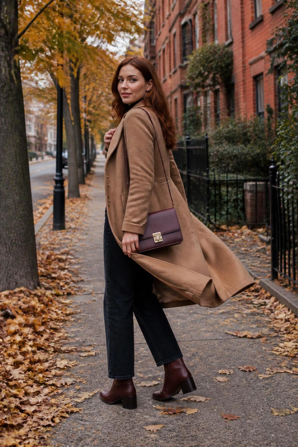 Image Prompt: A realistic full-body DSLR fashion photograph of a young white woman on a quiet tree-lined city pavement during peak fall. She wears a long camel wool coat over a fitted black top, dark straight-leg jeans, burgundy ankle boots, and a structured leather shoulder bag. Capture her halfway through turning toward the camera, with one foot planted, the other stepping behind her, and the coat hem sweeping naturally outward. One hand lightly holds the coat lapel while the other remains relaxed near her bag. Copper and yellow leaves line the pavement, red-brick townhouses appear softly in the background, overcast afternoon light, realistic pale skin texture, visible wool fibers, natural body proportions, subtle movement blur only around the coat hem.