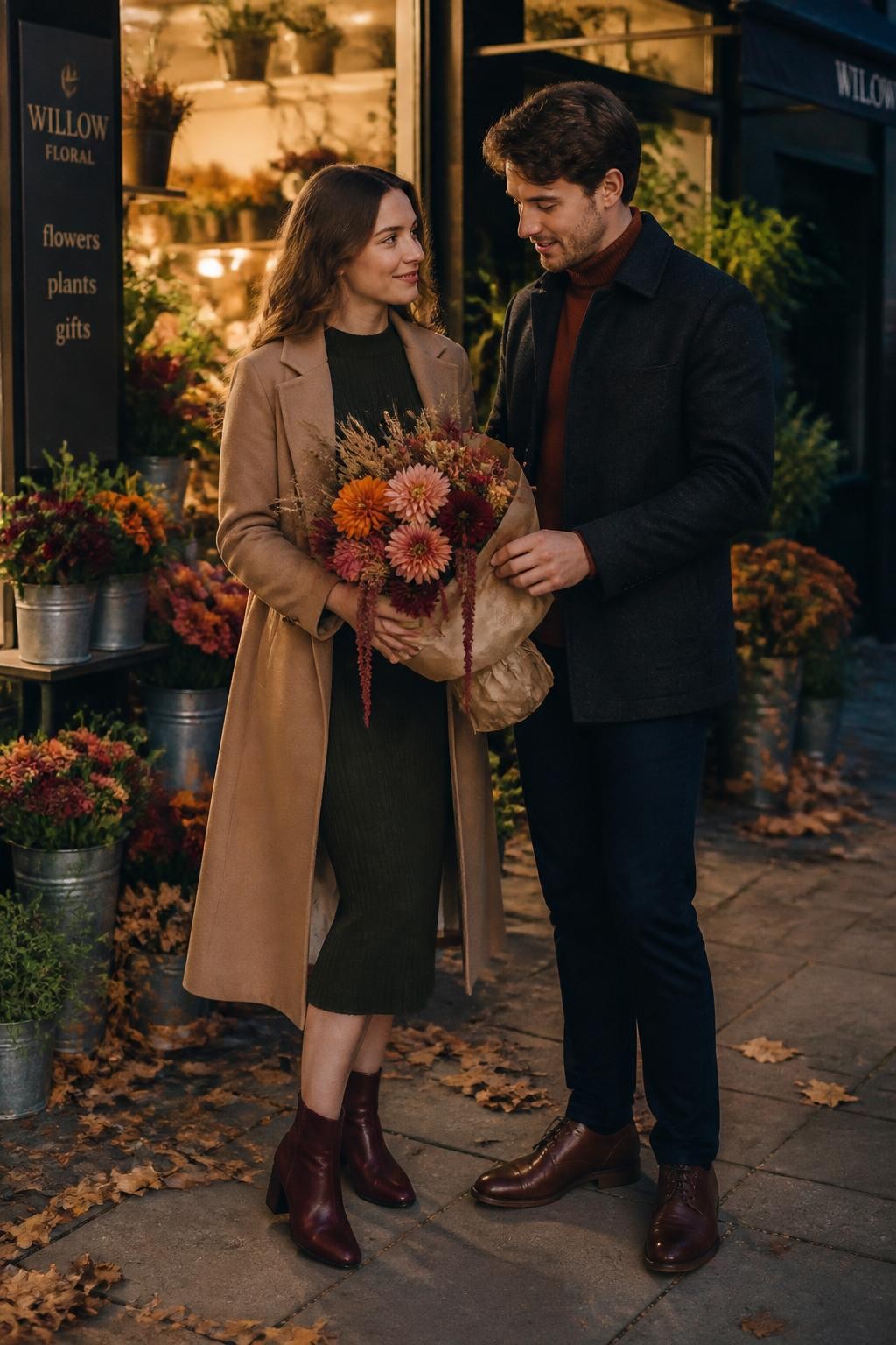 Image Prompt: A realistic evening DSLR photograph of a young white couple standing outside a small neighborhood flower shop just before closing. The woman wears a fitted dark olive knit dress beneath a long camel coat, with burgundy ankle boots and loose softly waved hair. The man wears a charcoal wool jacket over a rust turtleneck, dark trousers, and brown leather shoes. They hold one loosely wrapped bouquet of dahlias, chrysanthemums, amaranthus, and dried grasses between them while he adjusts the brown paper around the stems. Warm shop light spills onto the pavement, surrounding buckets contain a few remaining fall flowers, and copper leaves collect near the doorway. Natural pale skin tones, realistic flower and wool textures, subtle evening shadows, affectionate eye contact, polished editorial photography.