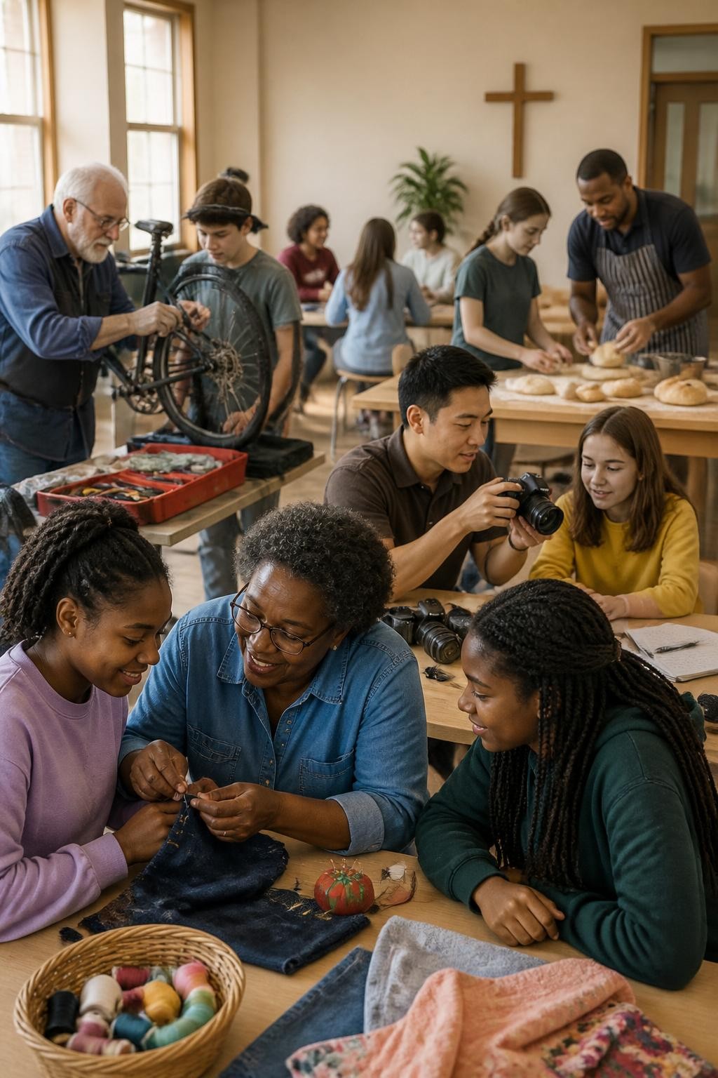 Image Prompt: A lively church activity room with several small skill stations, an older man teaching basic bicycle repair, a Black senior woman showing teenagers how to sew on buttons, a young adult demonstrating phone photography, and another member teaching bread shaping, tables holding tools, fabric, cameras, dough, and notebooks, participants of different ages interacting naturally, warm afternoon light, realistic handmade details, editorial DSLR lifestyle photography, no readable signs, no text.