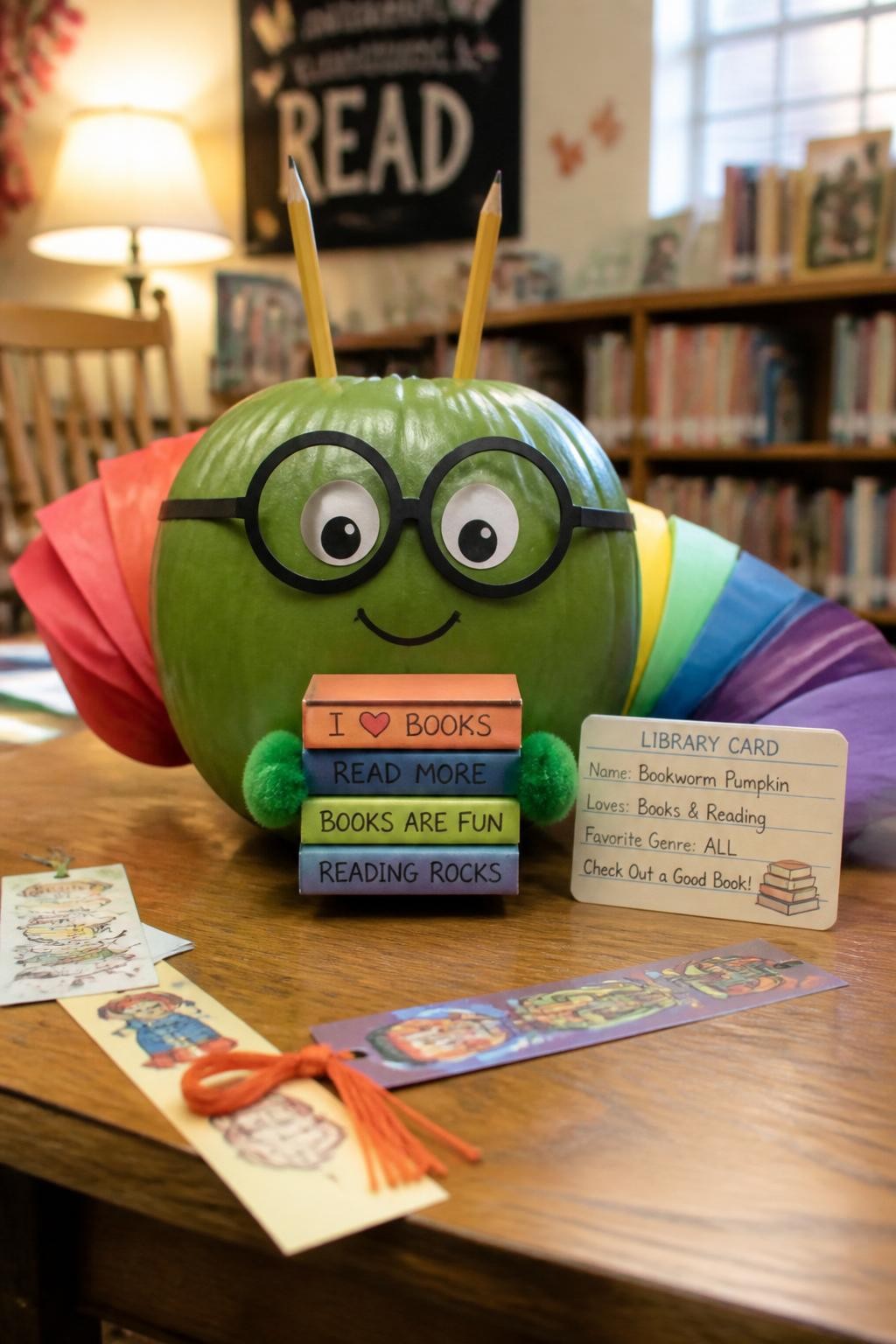 Image Prompt: A realistic DSLR photo of a green pumpkin decorated as a cute bookworm, with round glasses, smiling face, tiny paper book stack, pencil antennae, colorful paper segments behind it, and a small library card sign, displayed on a school library table with bookmarks, shelves softly blurred in the background, warm reading nook light, adorable school pumpkin contest craft.