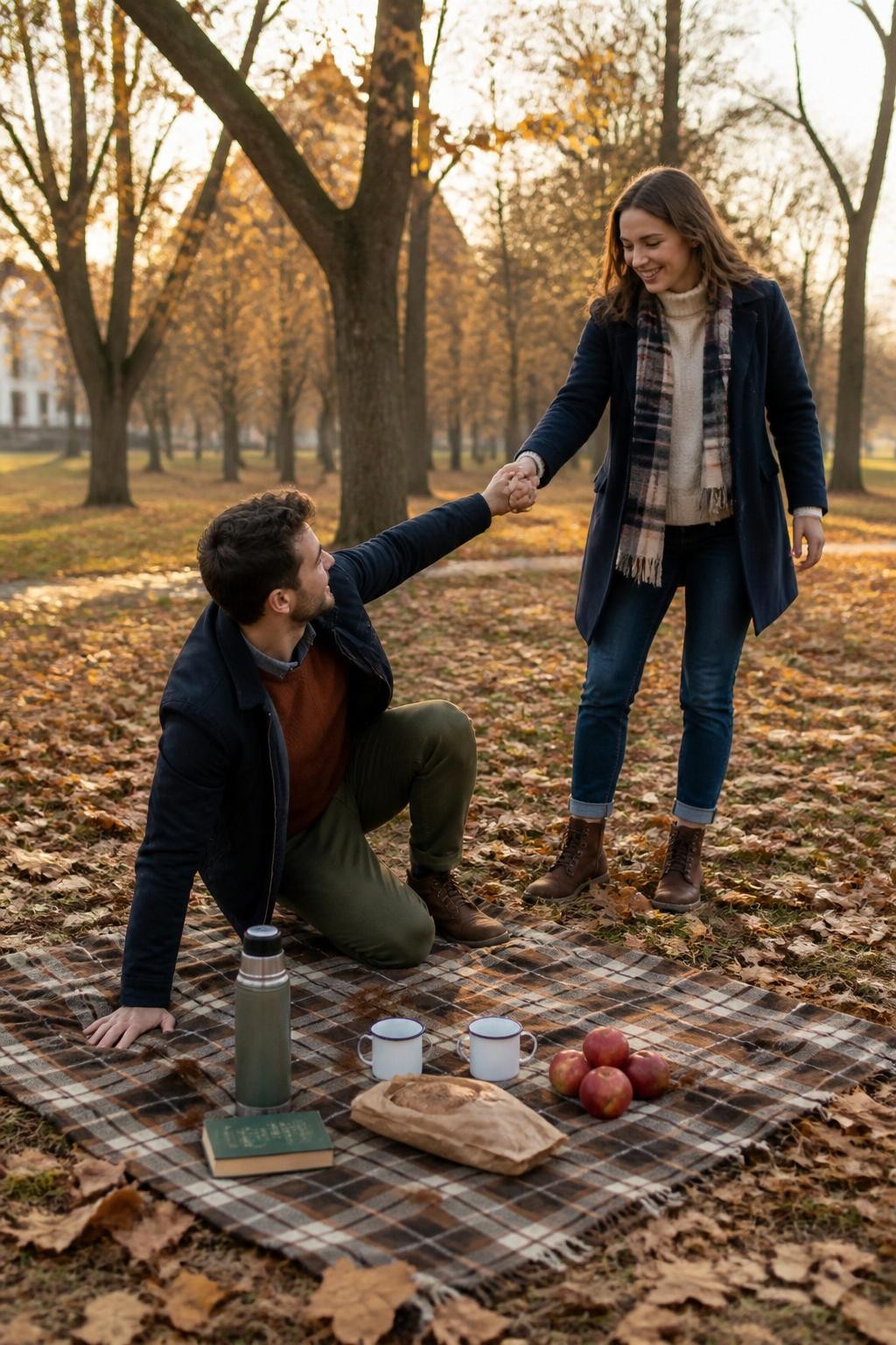 Image Prompt: A realistic lifestyle photograph of a young white couple rising from a simple fall picnic in a quiet park. One person is halfway up with one knee bent and one hand pressing into the plaid blanket, while the other stands nearby offering a hand. They wear layered outfits in navy, rust, olive, and cream, with practical boots and relaxed coats. The picnic contains a thermos, apples, a paper-wrapped loaf, two enamel cups, and a folded book rather than elaborate decorations. Capture the interaction from a slight distance as they smile naturally at each other. Copper leaves cover the grass, low golden light passes through mostly bare trees, realistic human movement, natural body proportions, editorial storytelling.