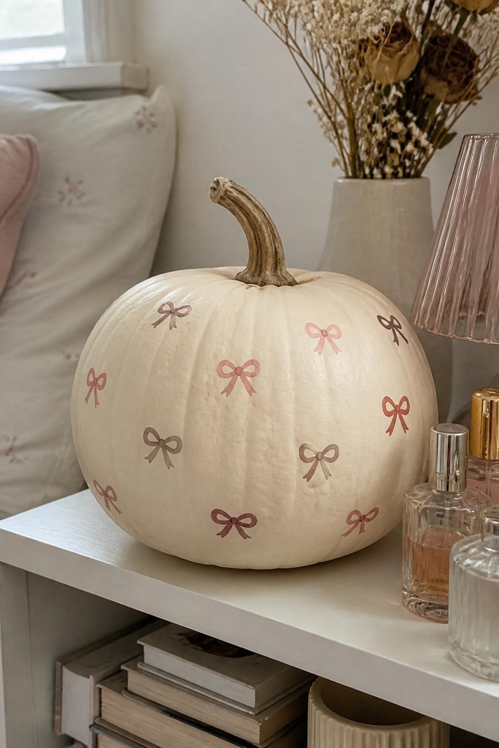 Horizontal 16:9 casual iPhone camera photo of a matte white real pumpkin decorated with scattered tiny hand-painted bows in dusty pink, muted burgundy, and soft taupe, bows slightly varied in size and direction, natural twisted stem, displayed on a bedroom shelf beside perfume bottles, stacked books, dried flowers, and a small lamp, gentle morning window light, realistic handmade details, cute but refined fall decor, no text.