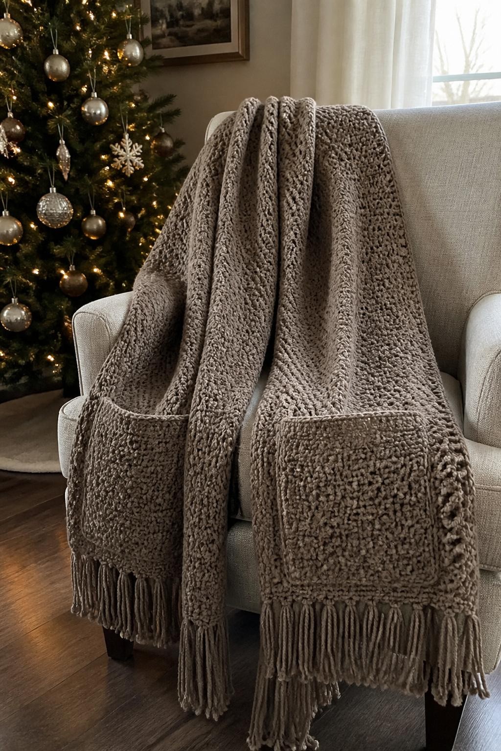 A realistic iPhone photograph of a handmade crochet pocket shawl in warm taupe yarn with large textured pockets and subtle fringe, draped over a neutral armchair beside a Christmas tree, soft afternoon light, realistic yarn stitches and cozy wearable shape, no text