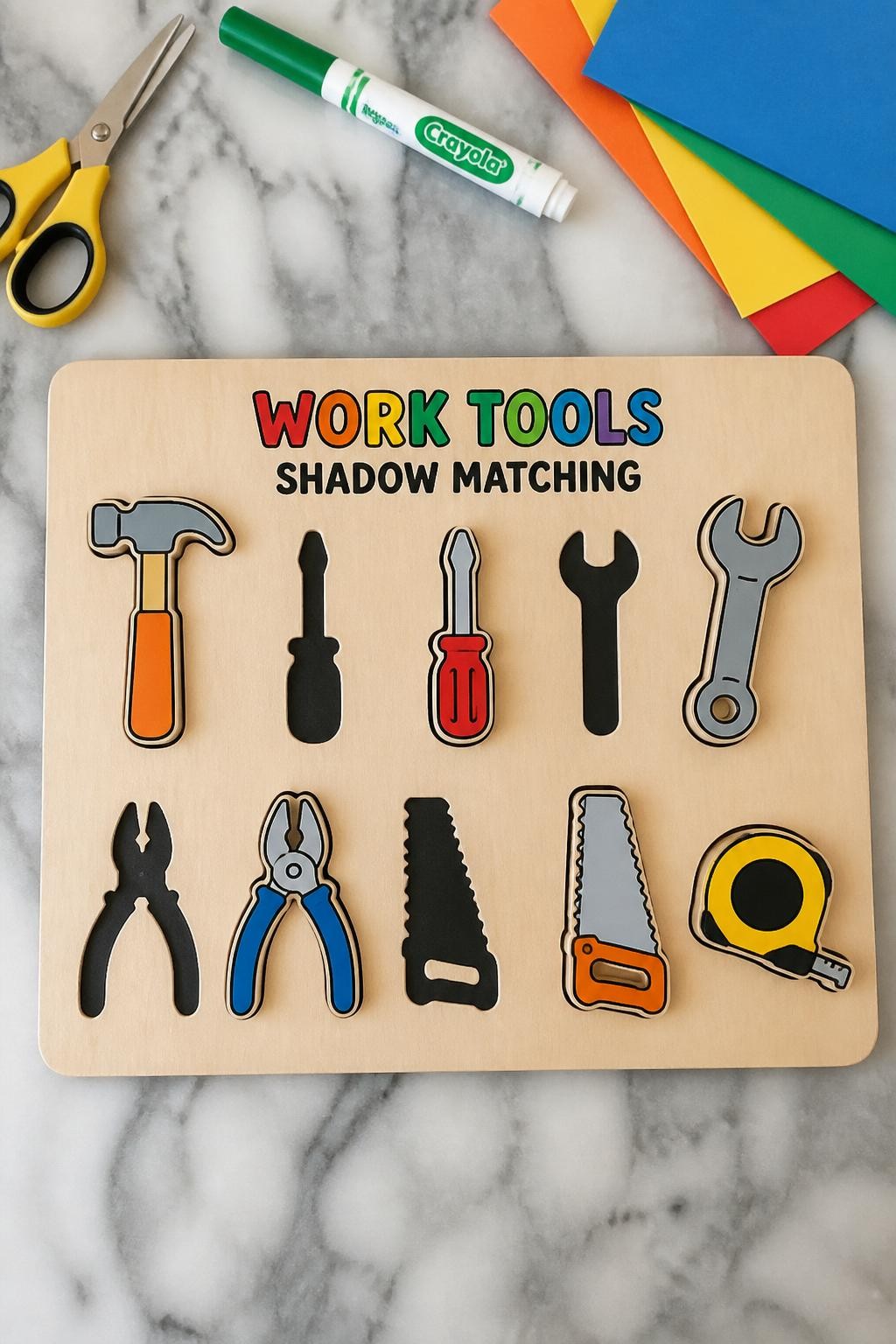 Image Prompt: Photo of a finished work tool shadow matching board, overhead flat lay, placed on a marble countertop craft setup with large paper tools and a washable marker nearby, bright natural lighting, board occupying most of the frame, bold outlines and colorful matching pieces clearly visible, realistic toddler activity photography, latest iPhone photo quality.