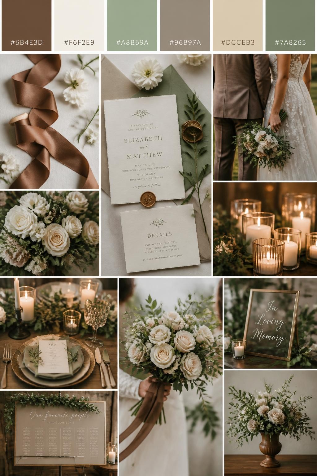 Image Prompt:
A realistic wedding palette mood board in a polished Pinterest collage layout. Include a top strip of color swatches with hex codes in mocha brown, cream, sage green, warm taupe, soft beige, and muted olive. Below, show a soft romantic collage with mocha ribbon, cream flowers, sage greenery, invitation flat lays, candlelit details, a side-view cropped couple shot with no faces visible, bouquet close-ups, and softly lit decor scenes with rustic elegant styling. Keep variety in the compositions with no full faces, using back views, hands-only images, and no-people styling scenes. The mood should feel warm, fresh, and romantic with real DSLR photo quality. 9:16 vertical format. (no watermarks on images)